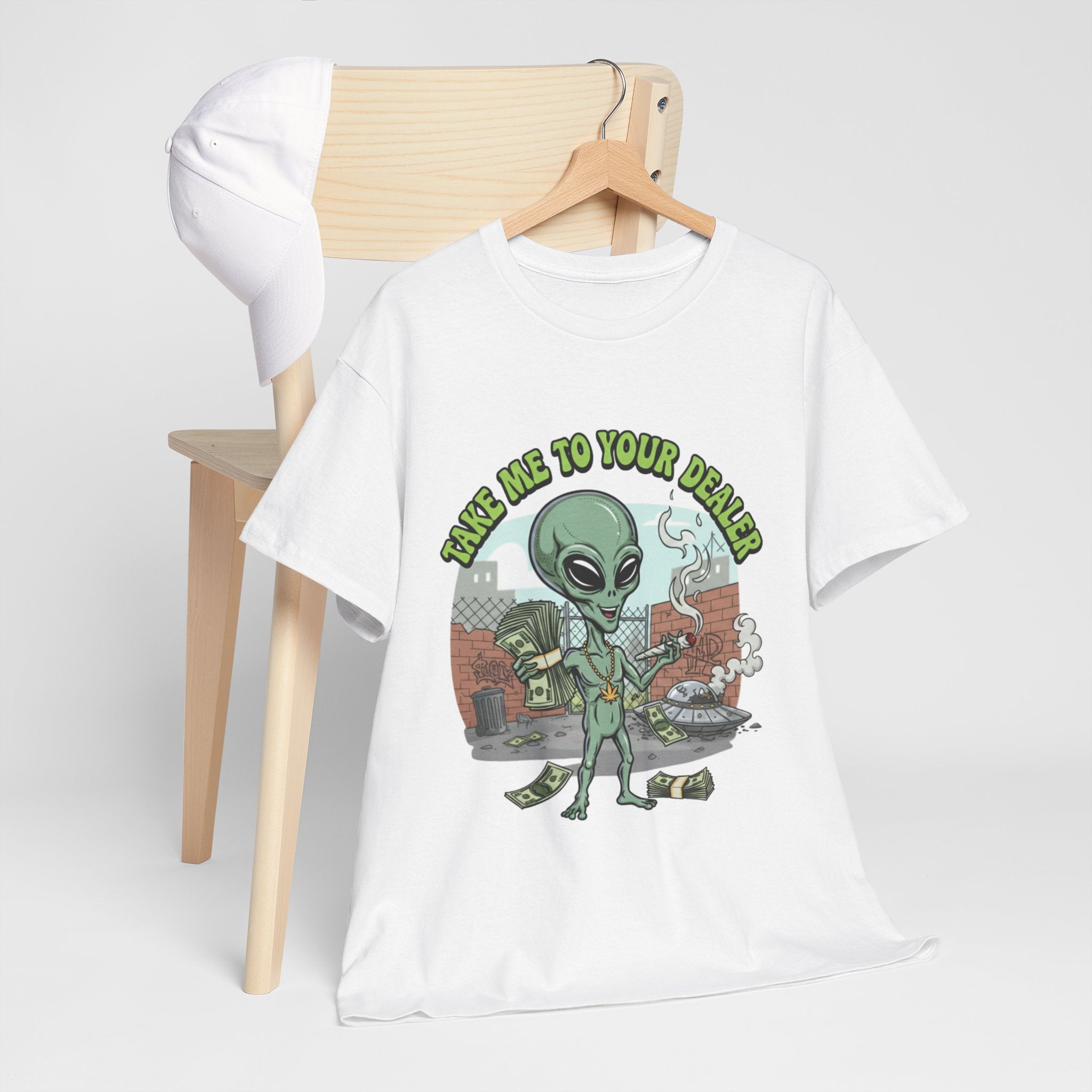 Take Me to Your Dealer Retro UFO Graphic Tee — Funny 420 Alien Cannabis T-Shirt
