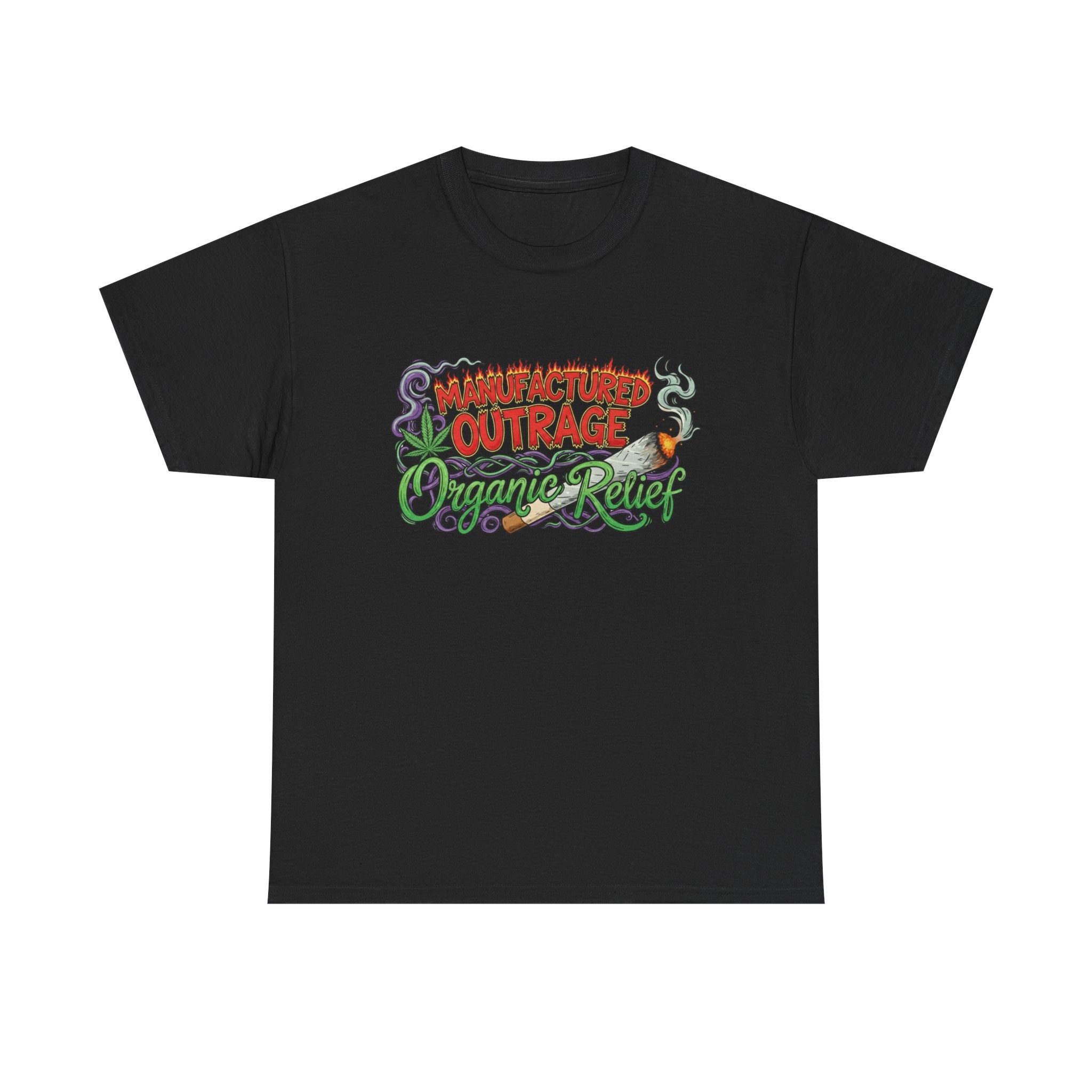 Manufactured Outrage Organic Relief T‑Shirt — Psychedelic Stoner Script Graphic Tee