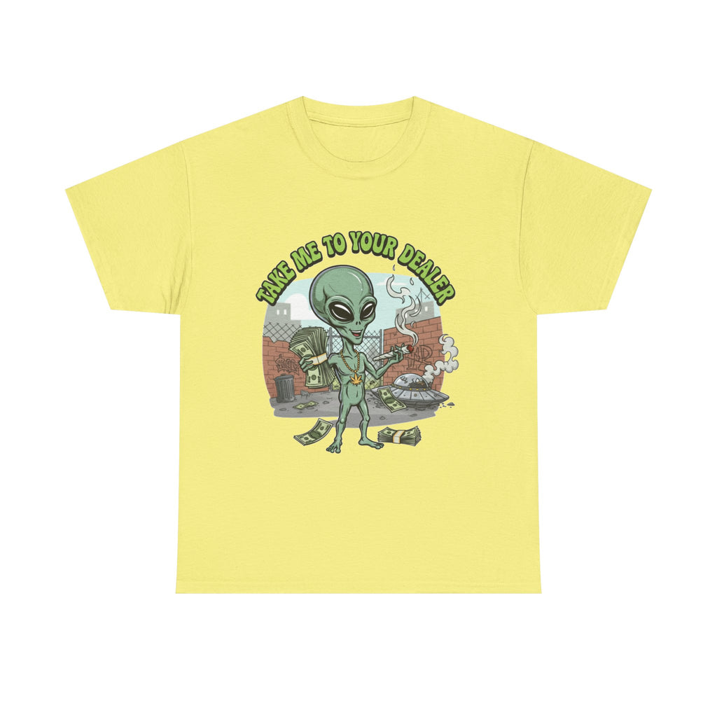Take Me to Your Dealer Retro UFO Graphic Tee — Funny 420 Alien Cannabis T-Shirt