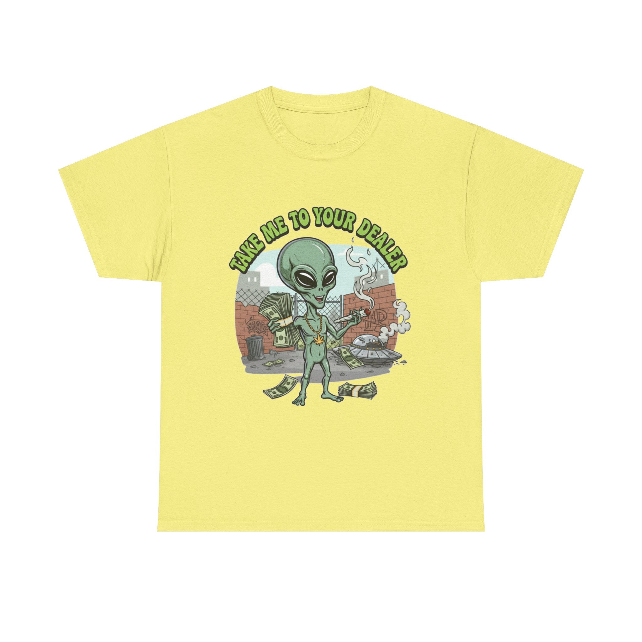 Take Me to Your Dealer Retro UFO Graphic Tee — Funny 420 Alien Cannabis T-Shirt