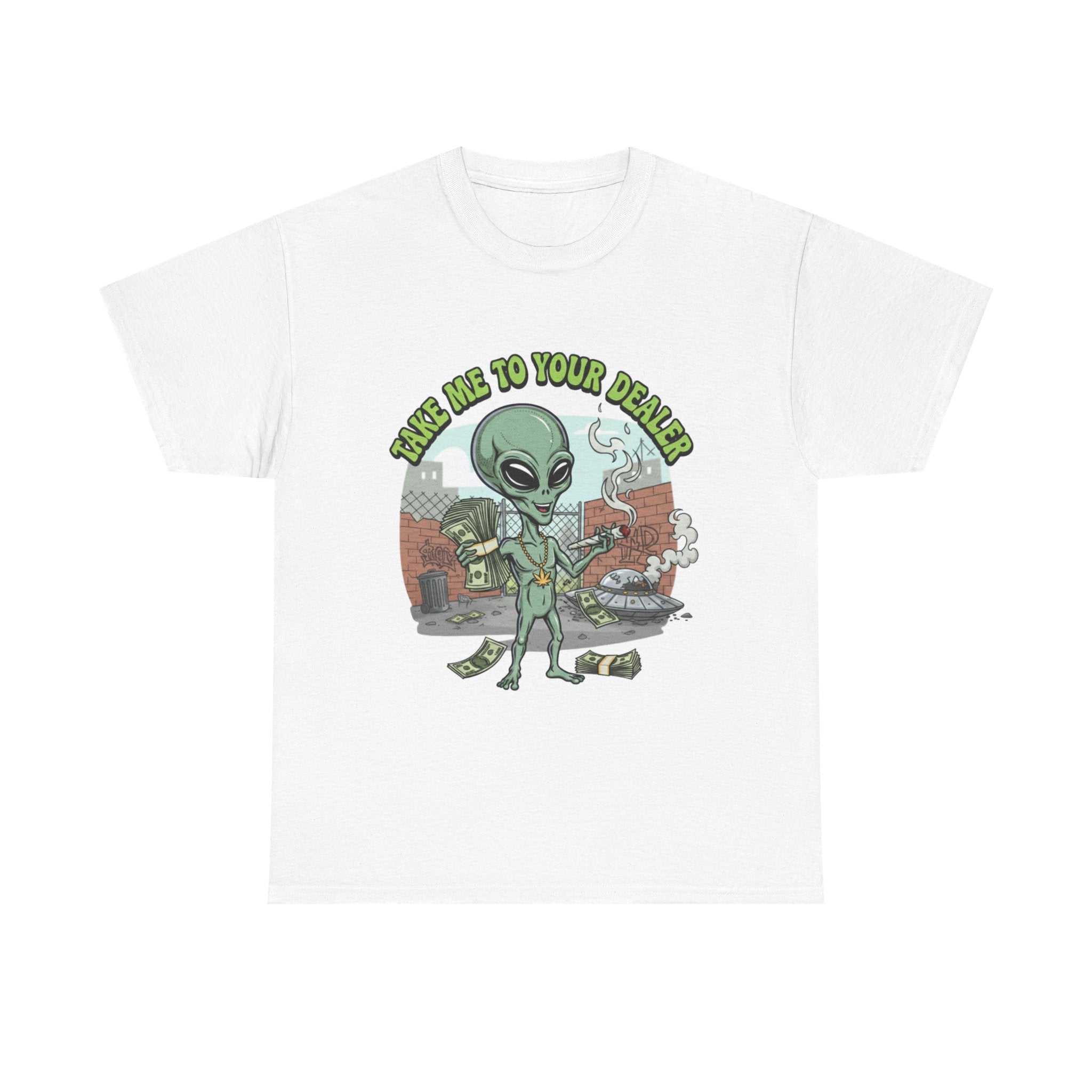 Take Me to Your Dealer Retro UFO Graphic Tee — Funny 420 Alien Cannabis T-Shirt