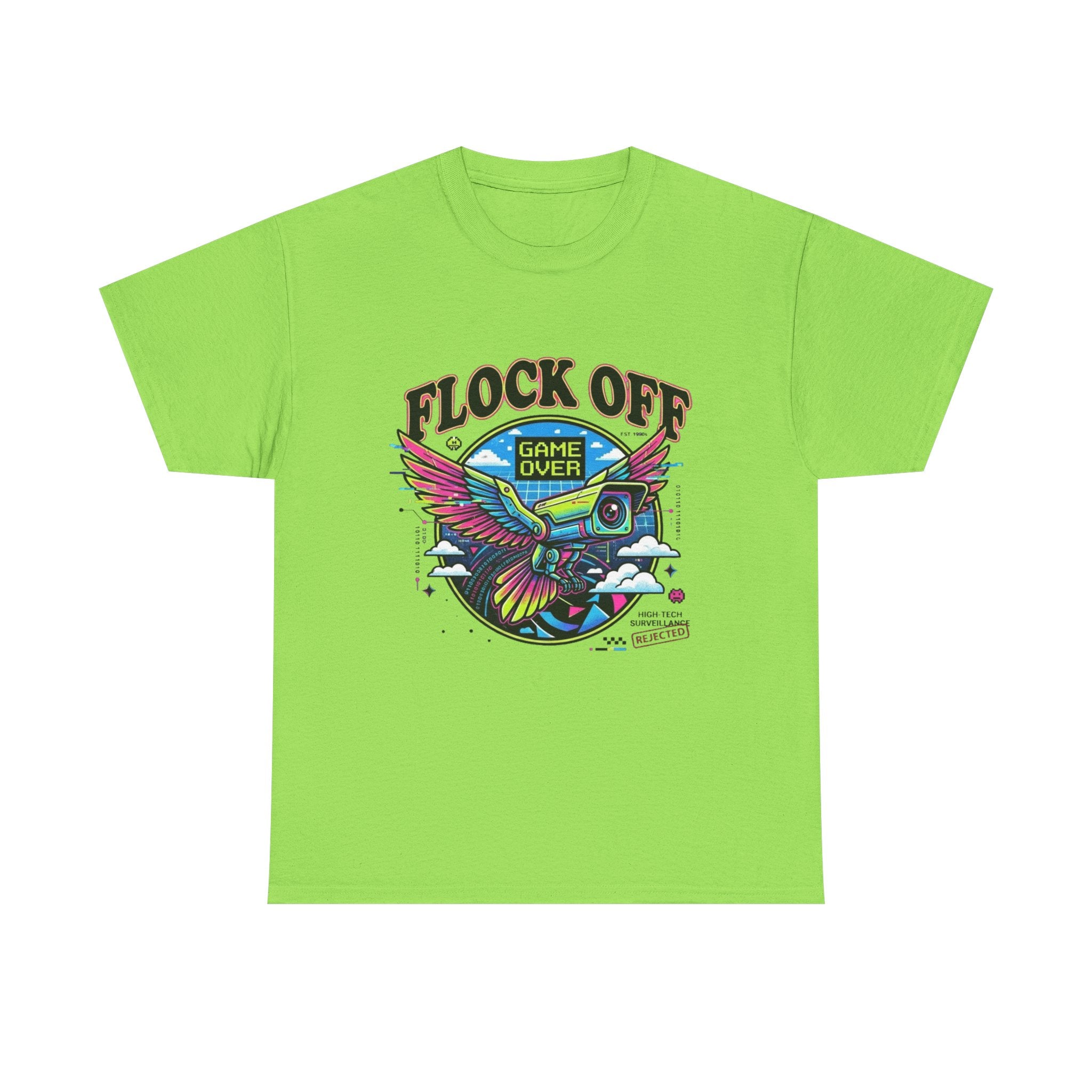 Retro 'Flock Off' Gaming Tee — Colorful Bird Game Over Graphic