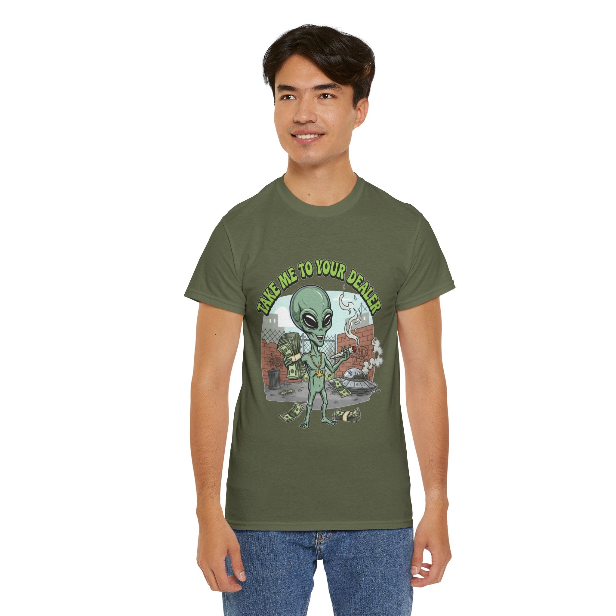 Take Me to Your Dealer Retro UFO Graphic Tee — Funny 420 Alien Cannabis T-Shirt