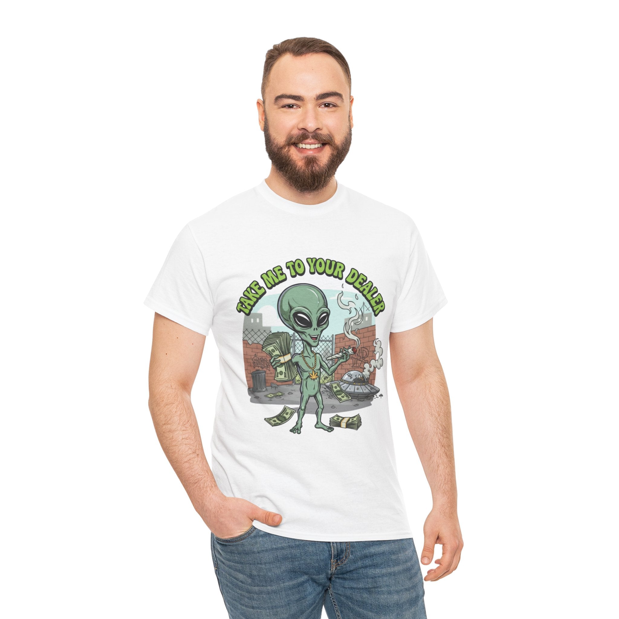 Take Me to Your Dealer Retro UFO Graphic Tee — Funny 420 Alien Cannabis T-Shirt