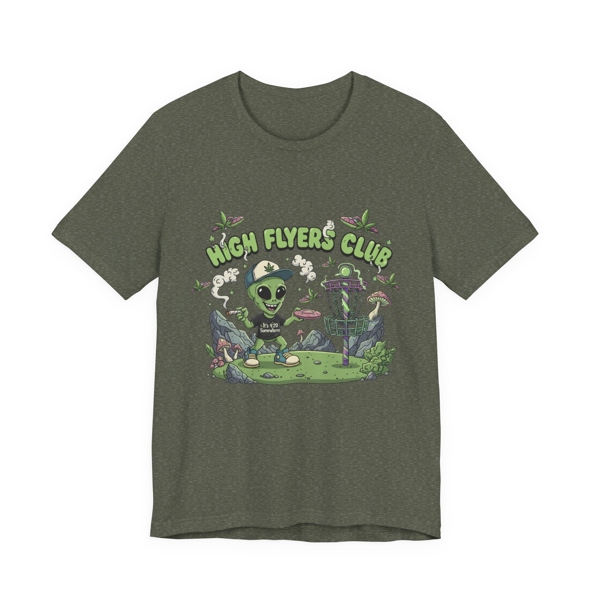 Stoner Alien High Flyers Disc Golf Tee, Funny Unique Space Tee, Cool Graphic Tee for Disc Golf Lovers, Gift for Sport Enthusiasts, Unique