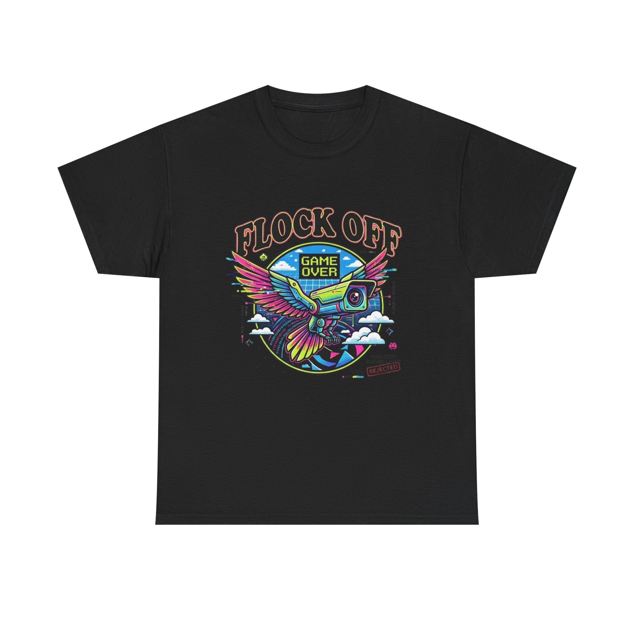 Retro 'Flock Off' Gaming Tee — Colorful Bird Game Over Graphic