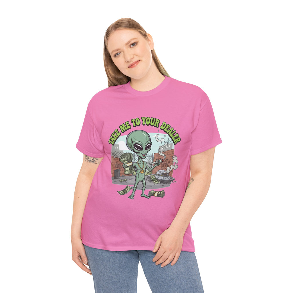 Take Me to Your Dealer Retro UFO Graphic Tee — Funny 420 Alien Cannabis T-Shirt