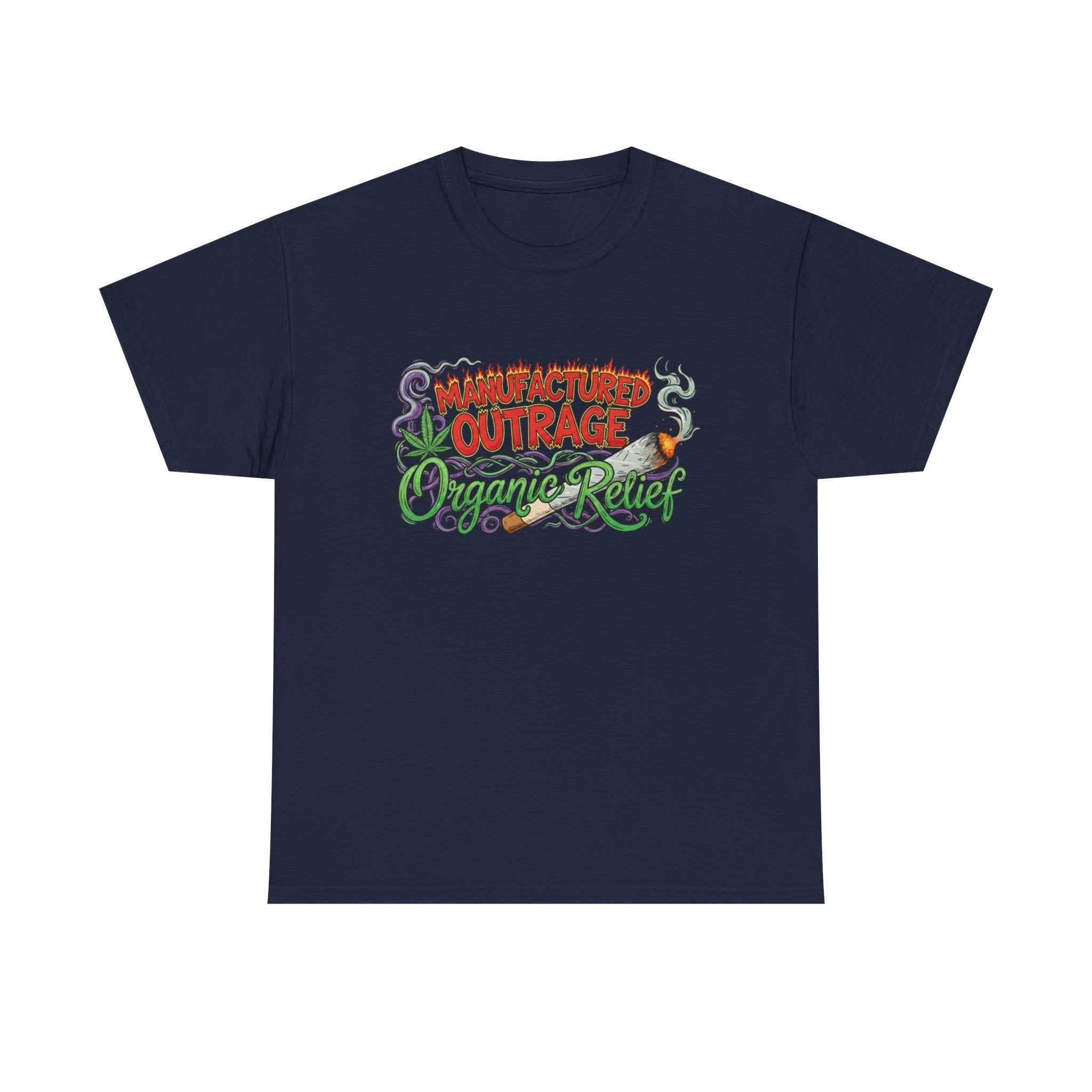 Manufactured Outrage Organic Relief T‑Shirt — Psychedelic Stoner Script Graphic Tee