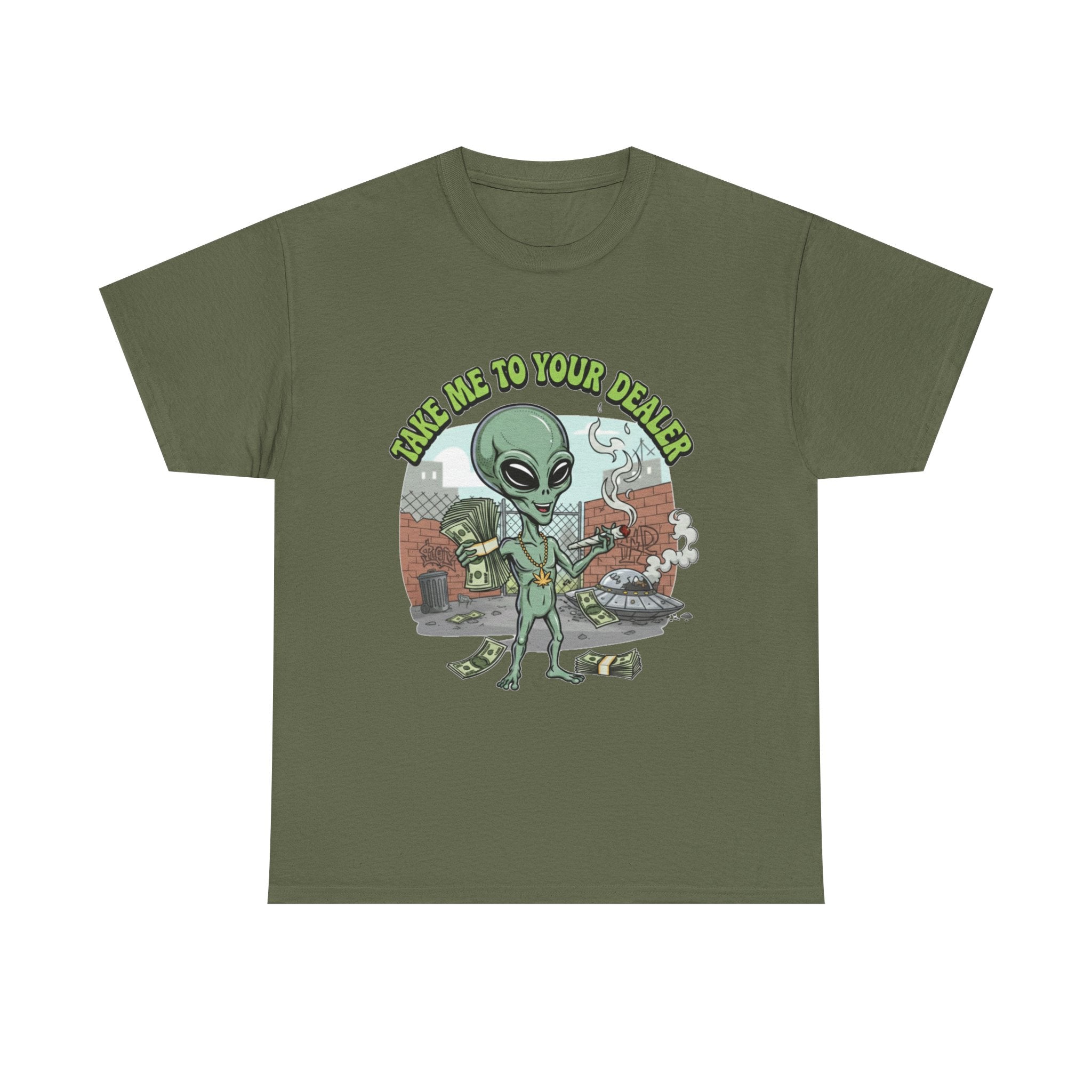 Take Me to Your Dealer Retro UFO Graphic Tee — Funny 420 Alien Cannabis T-Shirt