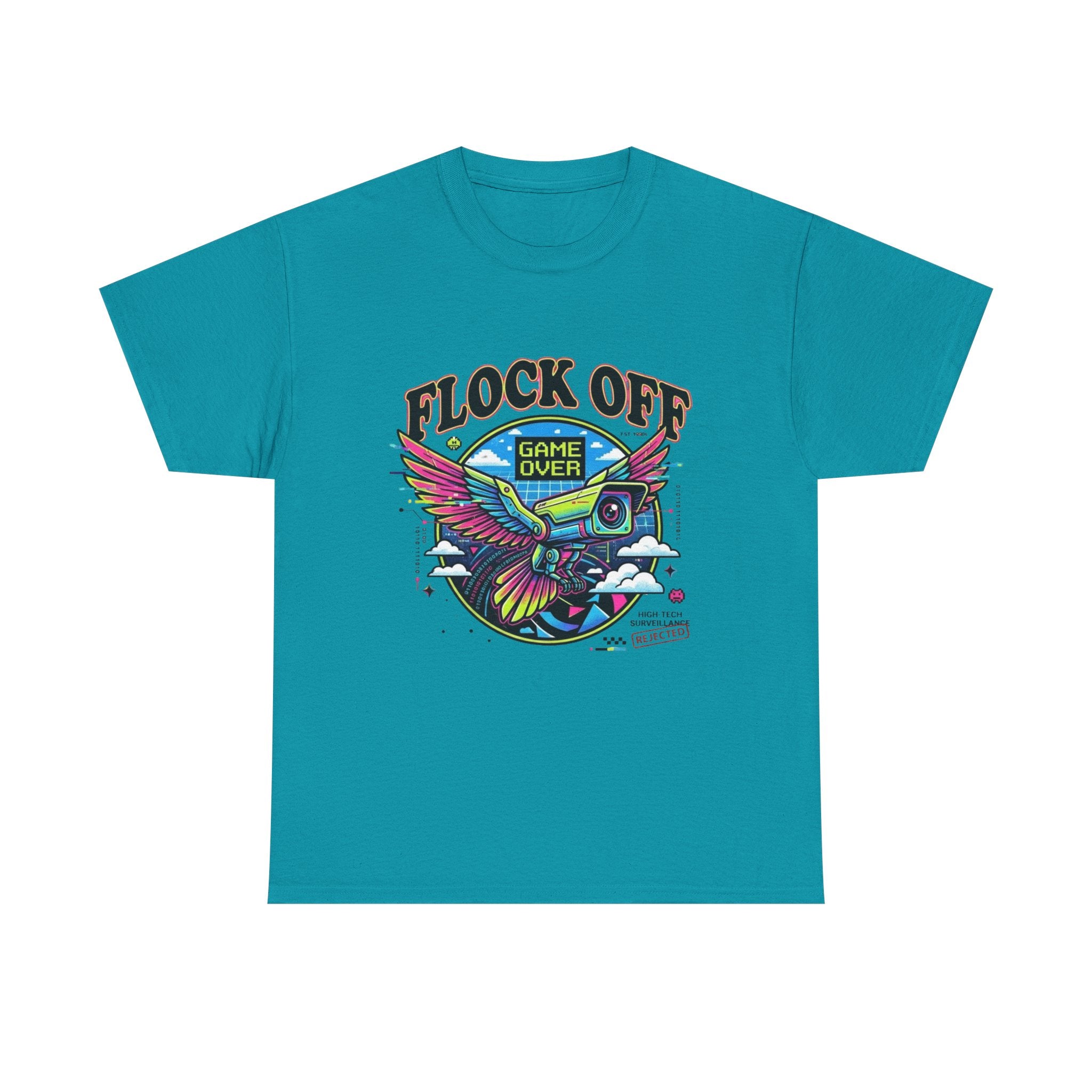 Retro 'Flock Off' Gaming Tee — Colorful Bird Game Over Graphic