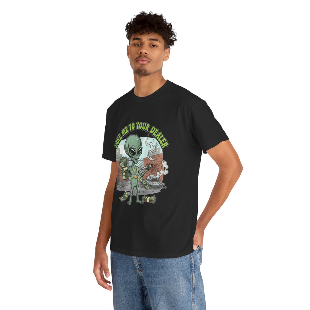 Take Me to Your Dealer Retro UFO Graphic Tee — Funny 420 Alien Cannabis T-Shirt