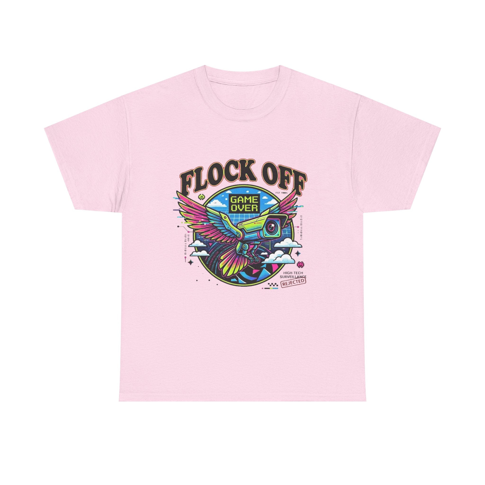 Retro 'Flock Off' Gaming Tee — Colorful Bird Game Over Graphic
