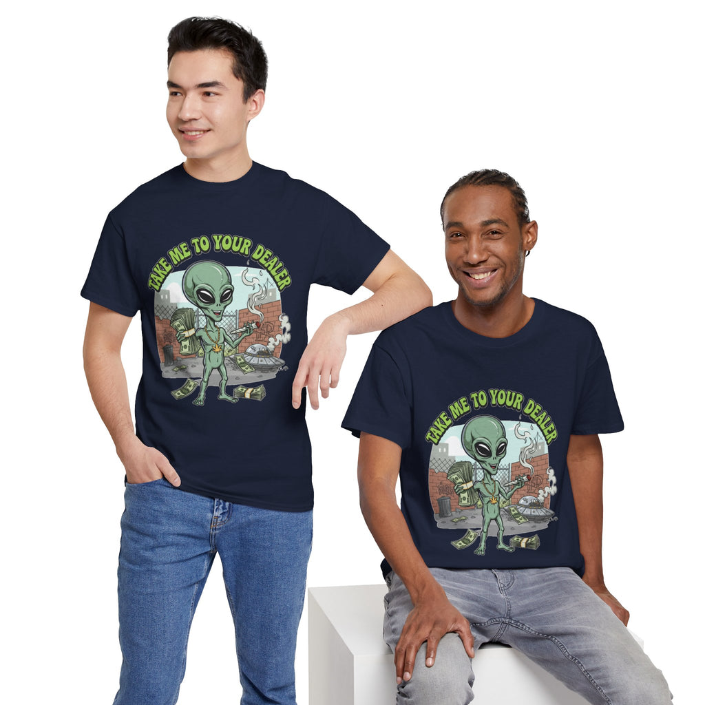 Take Me to Your Dealer Retro UFO Graphic Tee — Funny 420 Alien Cannabis T-Shirt