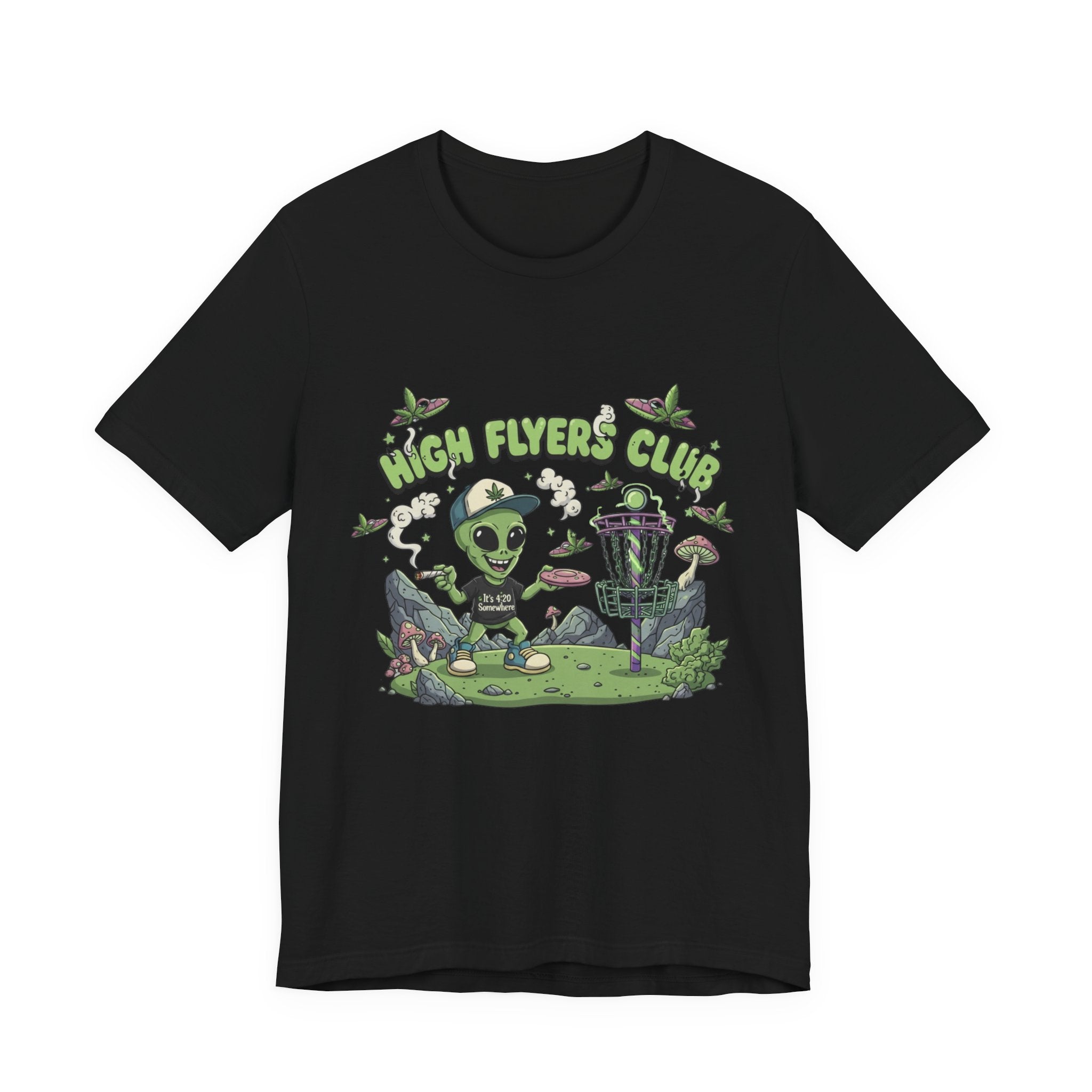 Stoner Alien High Flyers Disc Golf Tee, Funny Unique Space Tee, Cool Graphic Tee for Disc Golf Lovers, Gift for Sport Enthusiasts, Unique