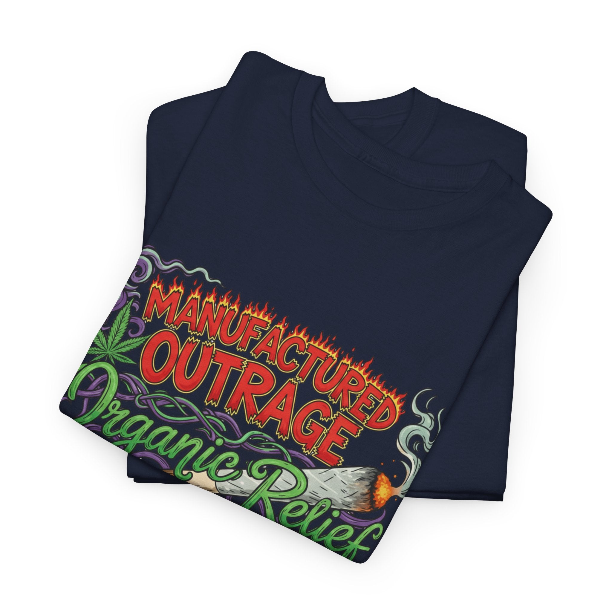 Manufactured Outrage Organic Relief T‑Shirt — Psychedelic Stoner Script Graphic Tee