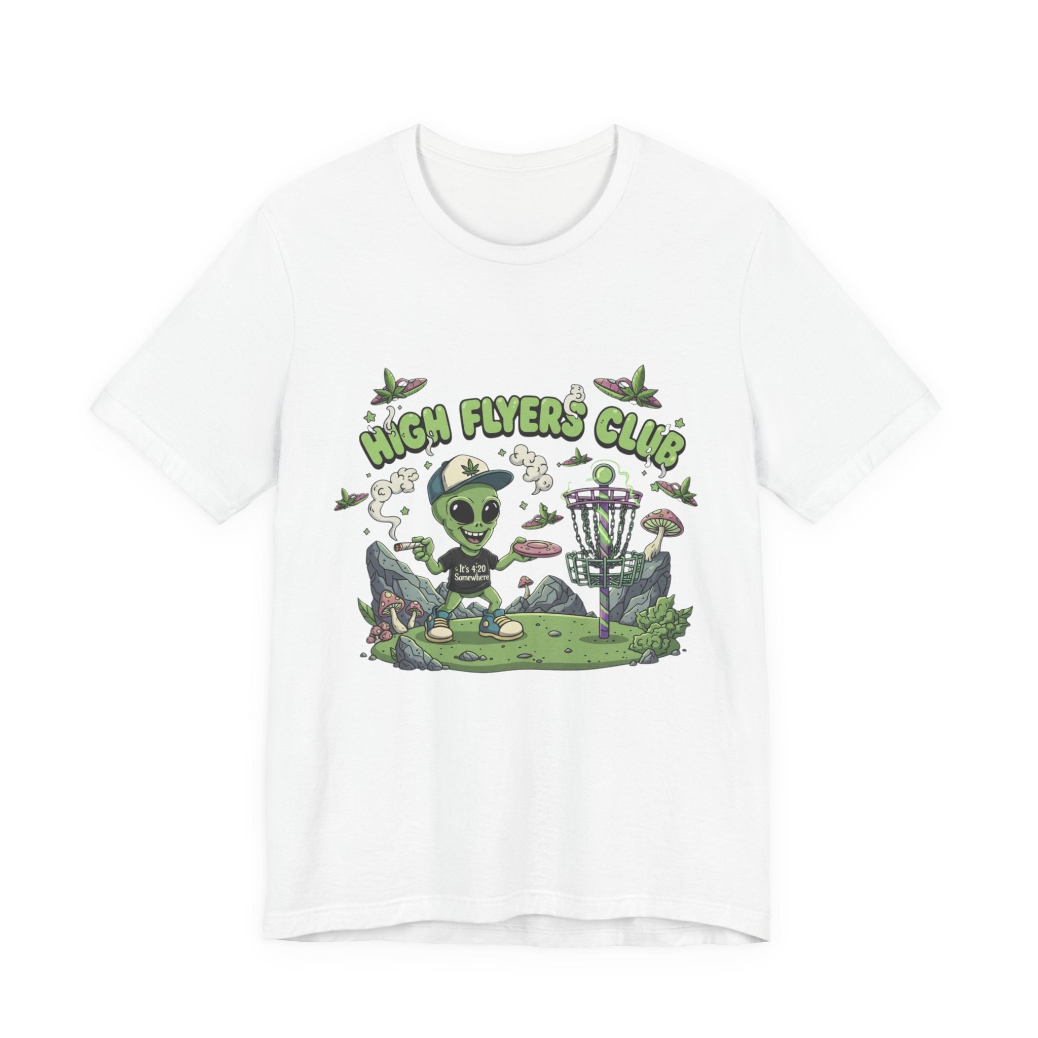 Stoner Alien High Flyers Disc Golf Tee, Funny Unique Space Tee, Cool Graphic Tee for Disc Golf Lovers, Gift for Sport Enthusiasts, Unique