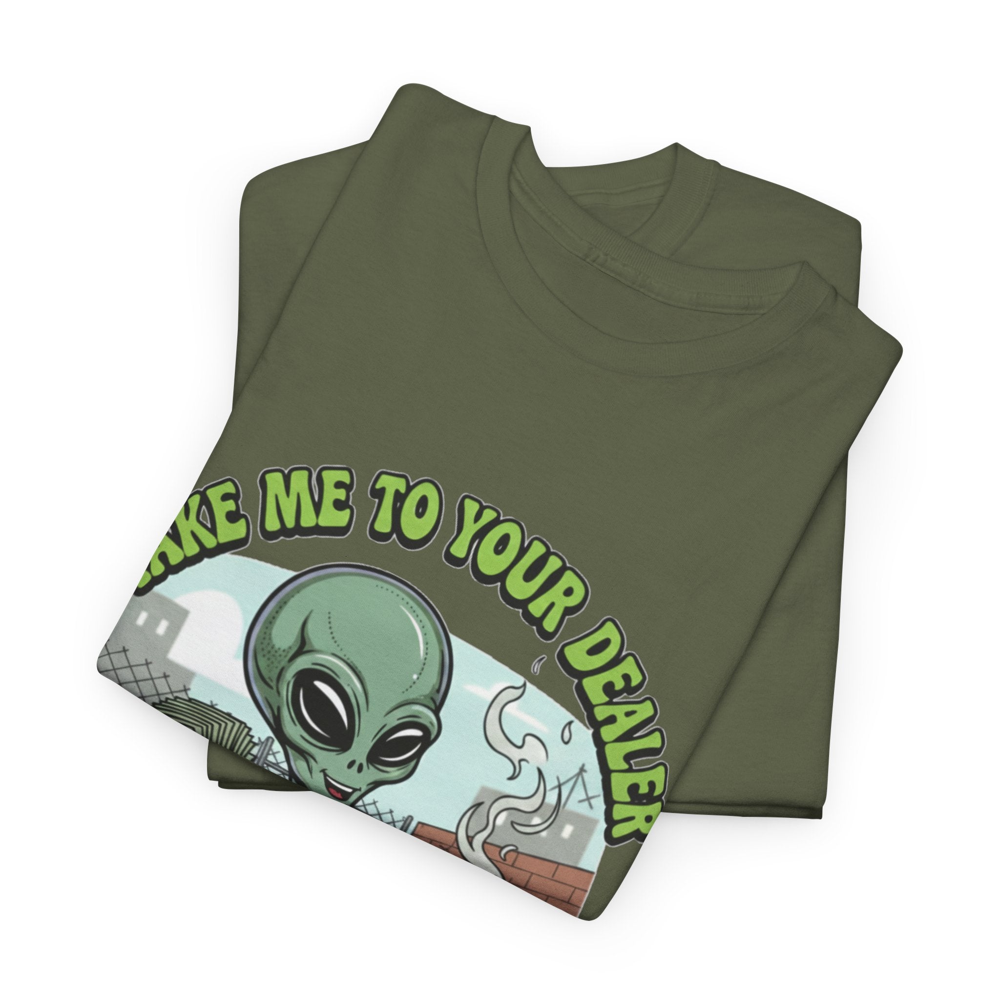 Take Me to Your Dealer Retro UFO Graphic Tee — Funny 420 Alien Cannabis T-Shirt