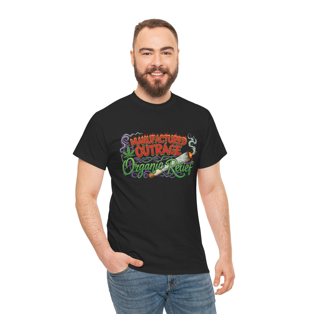 Manufactured Outrage Organic Relief T‑Shirt — Psychedelic Stoner Script Graphic Tee