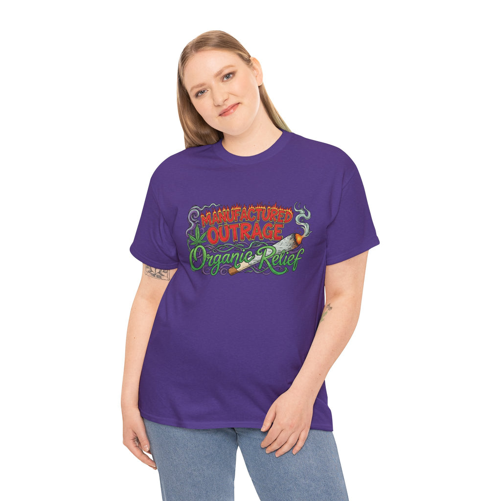 Manufactured Outrage Organic Relief T‑Shirt — Psychedelic Stoner Script Graphic Tee