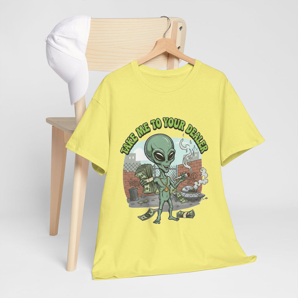 Take Me to Your Dealer Retro UFO Graphic Tee — Funny 420 Alien Cannabis T-Shirt