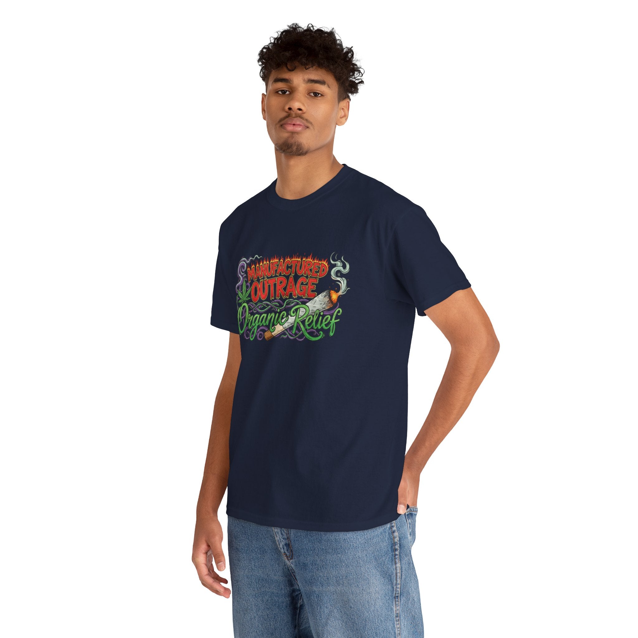 Manufactured Outrage Organic Relief T‑Shirt — Psychedelic Stoner Script Graphic Tee