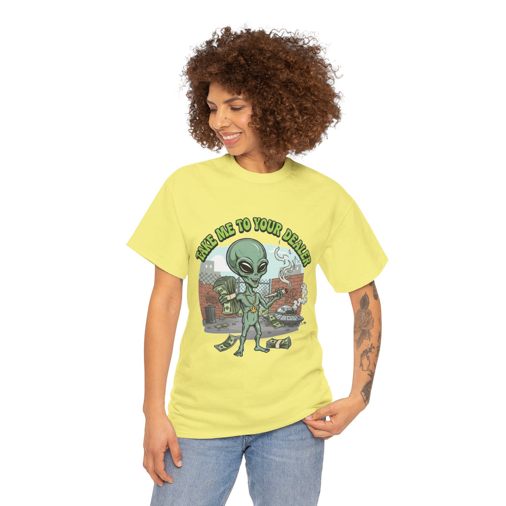 Take Me to Your Dealer Retro UFO Graphic Tee — Funny 420 Alien Cannabis T-Shirt