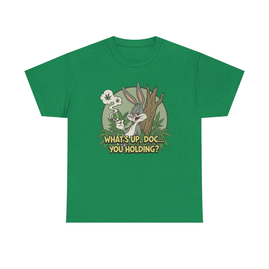 Smirking Stoner Bunny What's Up Doc You Holding? T-Shirt | 80s Cartoon Nostalgia
