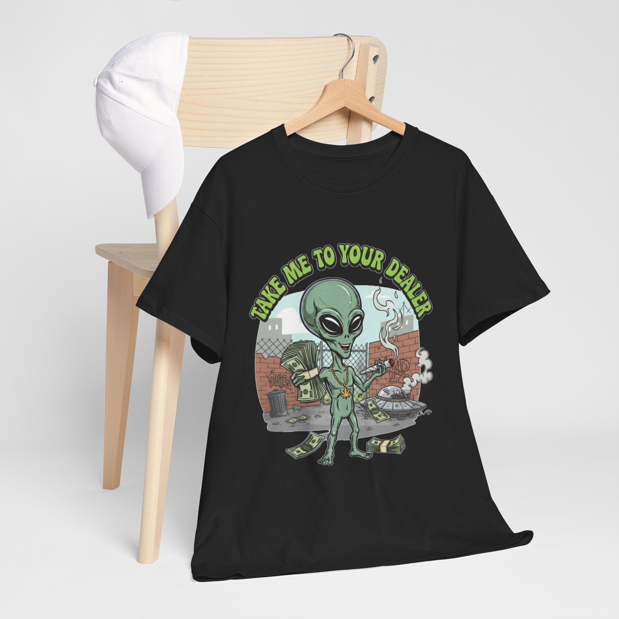 Take Me to Your Dealer Retro UFO Graphic Tee — Funny 420 Alien Cannabis T-Shirt