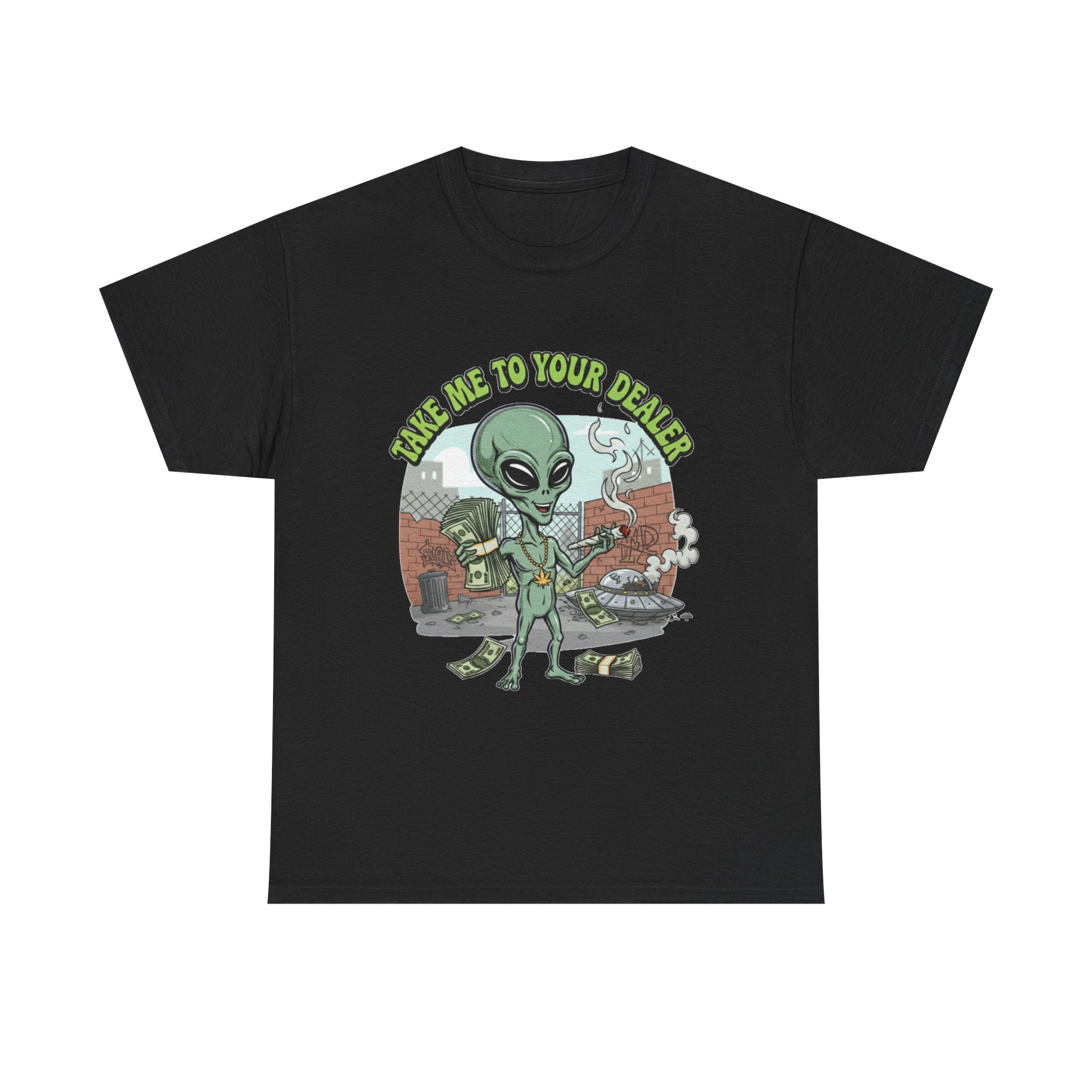 Take Me to Your Dealer Retro UFO Graphic Tee — Funny 420 Alien Cannabis T-Shirt