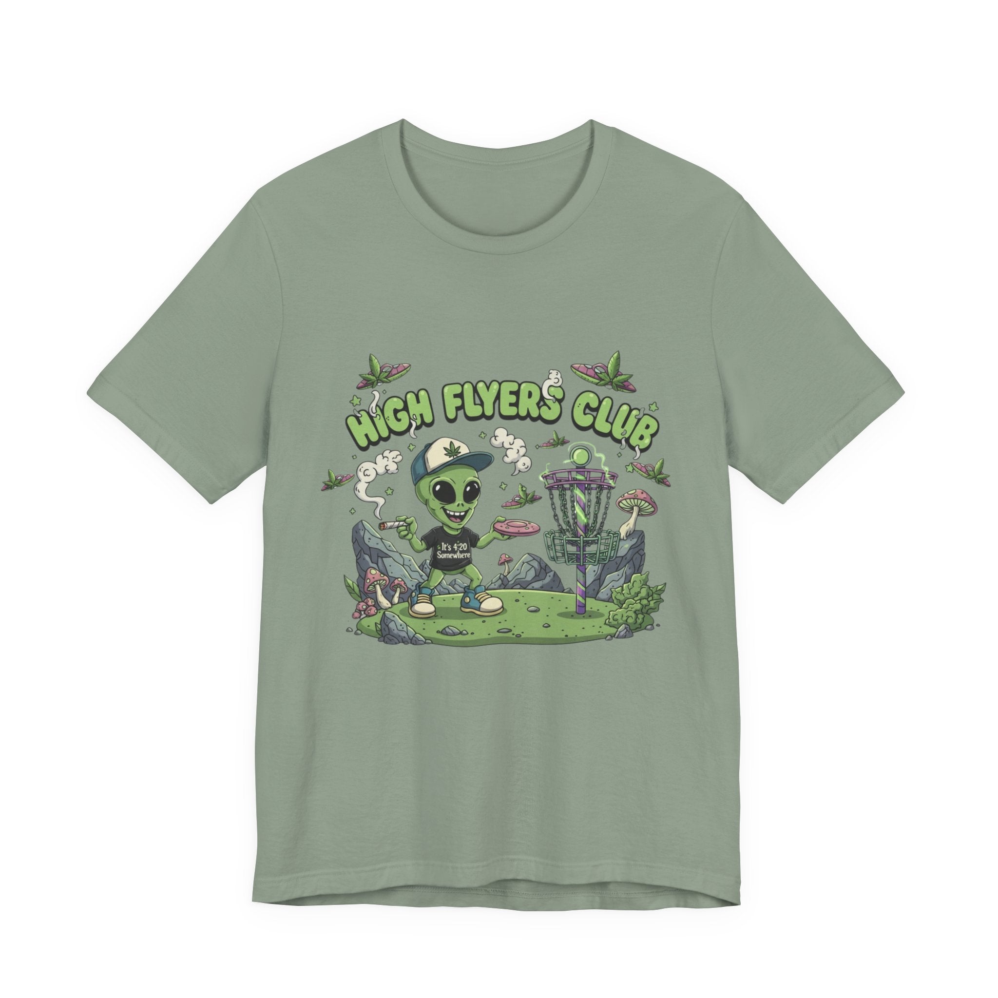 Stoner Alien High Flyers Disc Golf Tee, Funny Unique Space Tee, Cool Graphic Tee for Disc Golf Lovers, Gift for Sport Enthusiasts, Unique