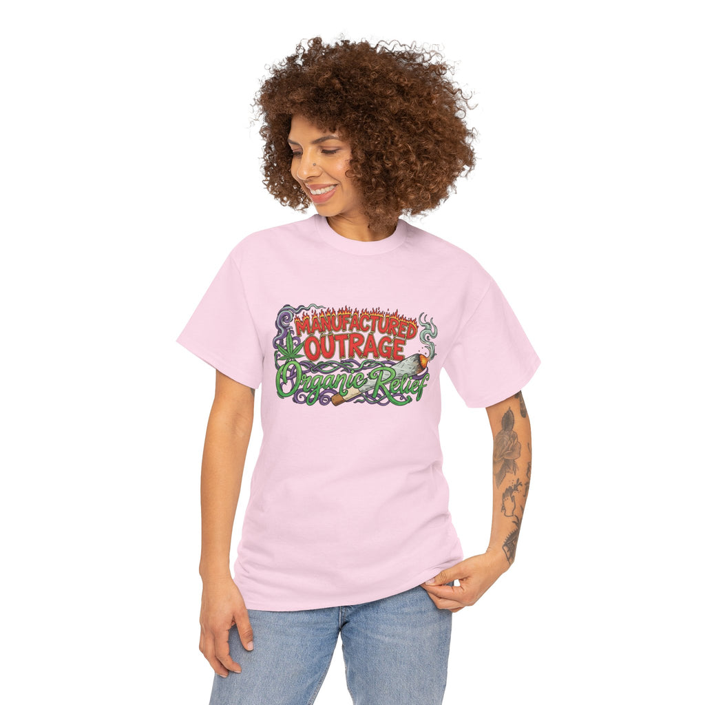 Manufactured Outrage Organic Relief T‑Shirt — Psychedelic Stoner Script Graphic Tee