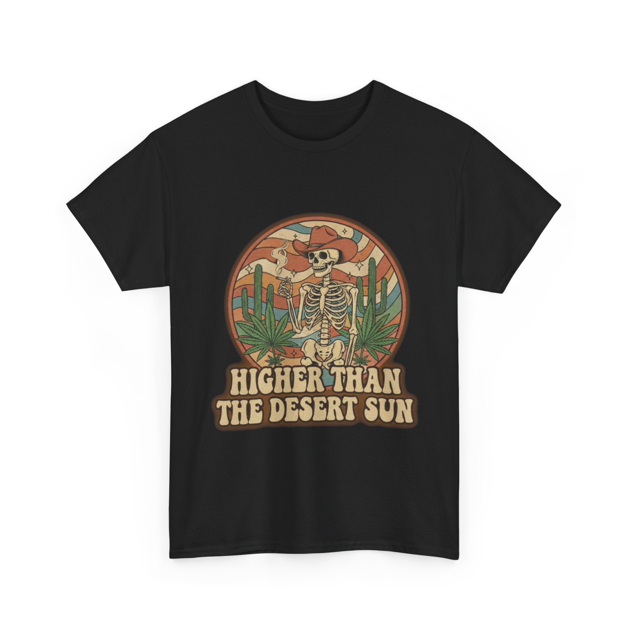 Higher Than the Desert Sun Skeleton Cowboy Tee | Desert Cactus Retro Graphic