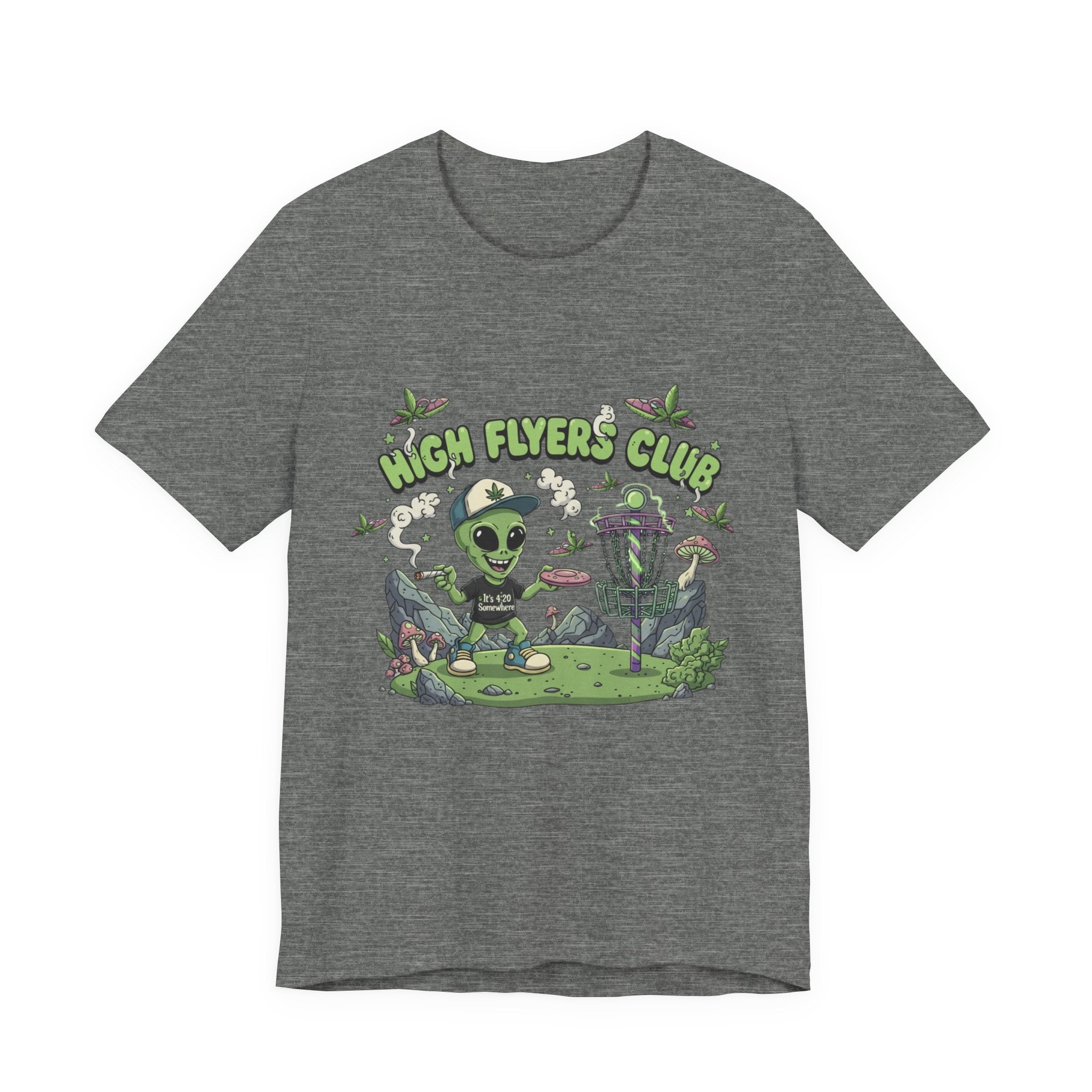 Stoner Alien High Flyers Disc Golf Tee, Funny Unique Space Tee, Cool Graphic Tee for Disc Golf Lovers, Gift for Sport Enthusiasts, Unique