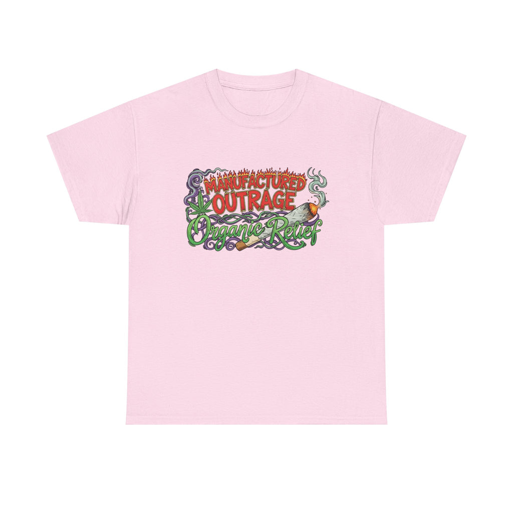 Manufactured Outrage Organic Relief T‑Shirt — Psychedelic Stoner Script Graphic Tee