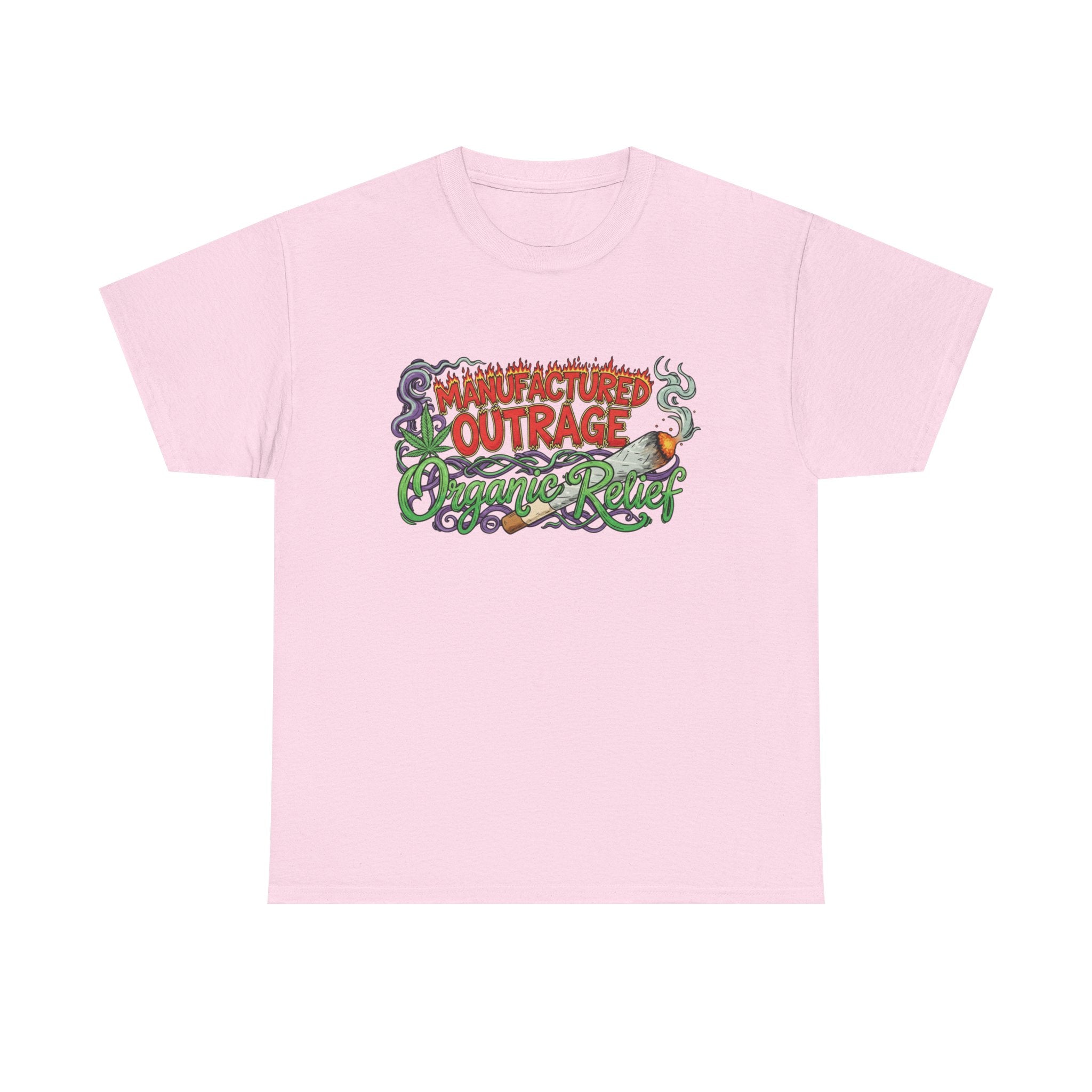 Manufactured Outrage Organic Relief T‑Shirt — Psychedelic Stoner Script Graphic Tee
