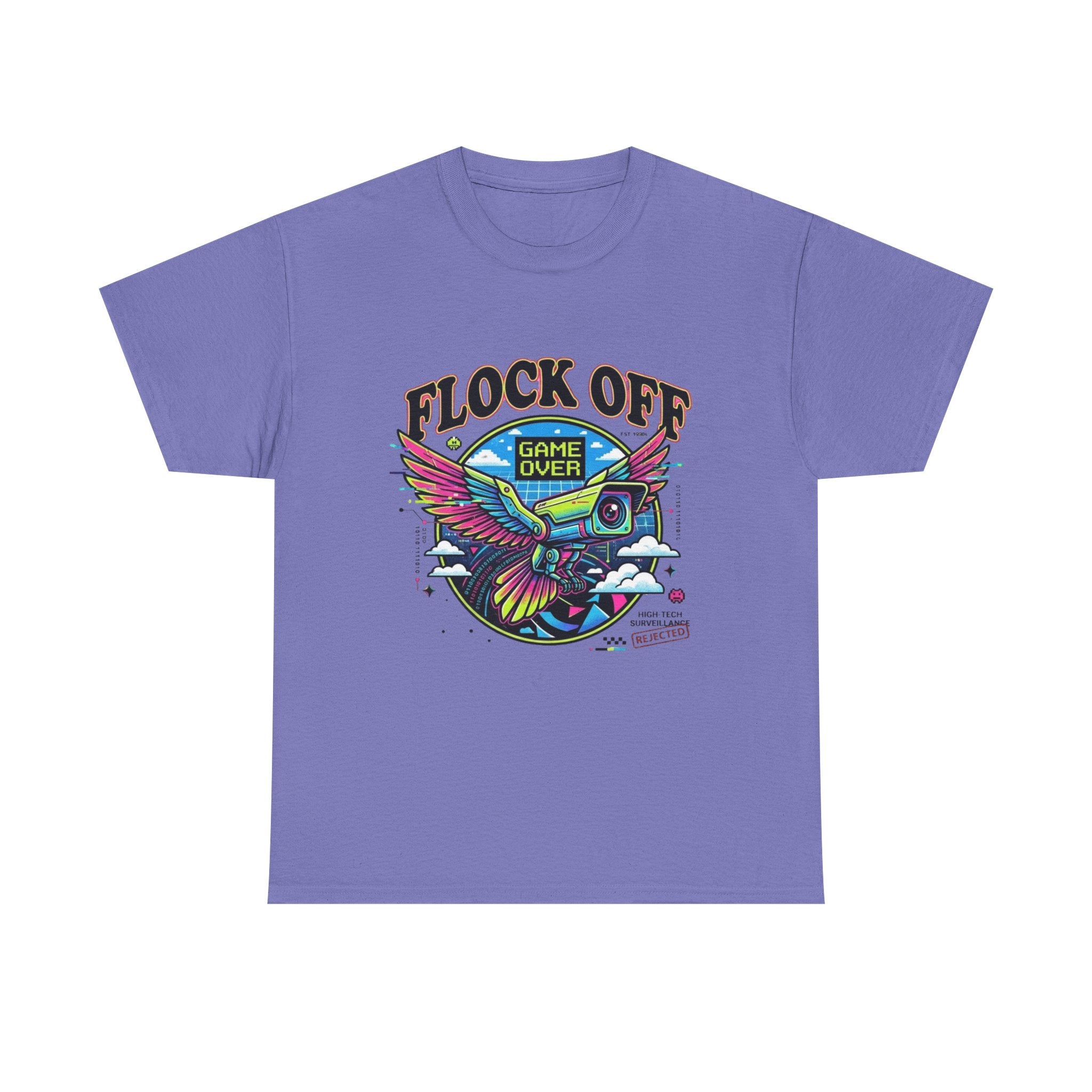 Retro 'Flock Off' Gaming Tee — Colorful Bird Game Over Graphic