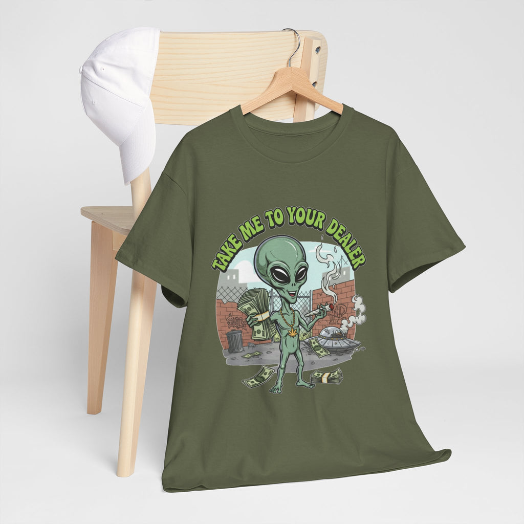 Take Me to Your Dealer Retro UFO Graphic Tee — Funny 420 Alien Cannabis T-Shirt