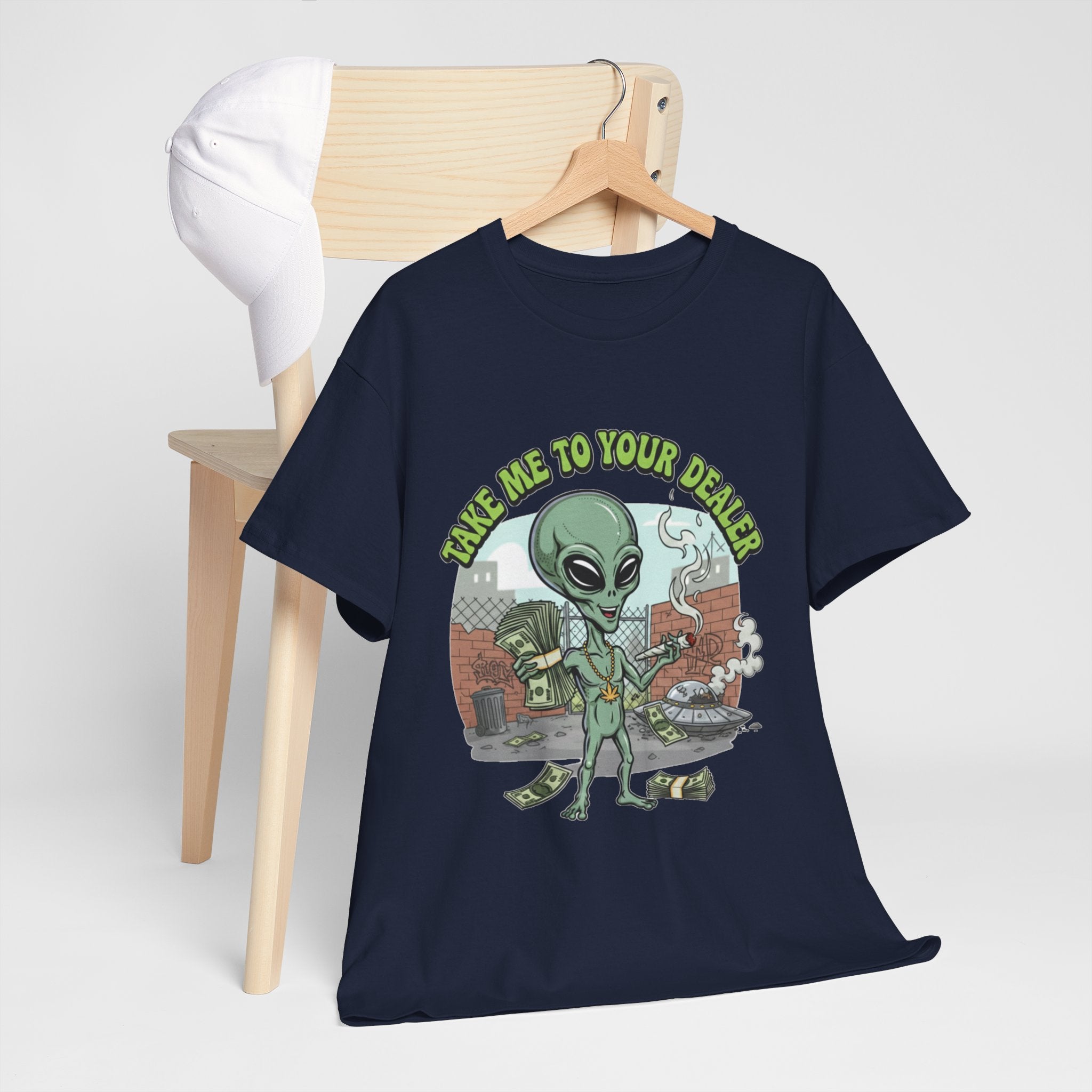 Take Me to Your Dealer Retro UFO Graphic Tee — Funny 420 Alien Cannabis T-Shirt