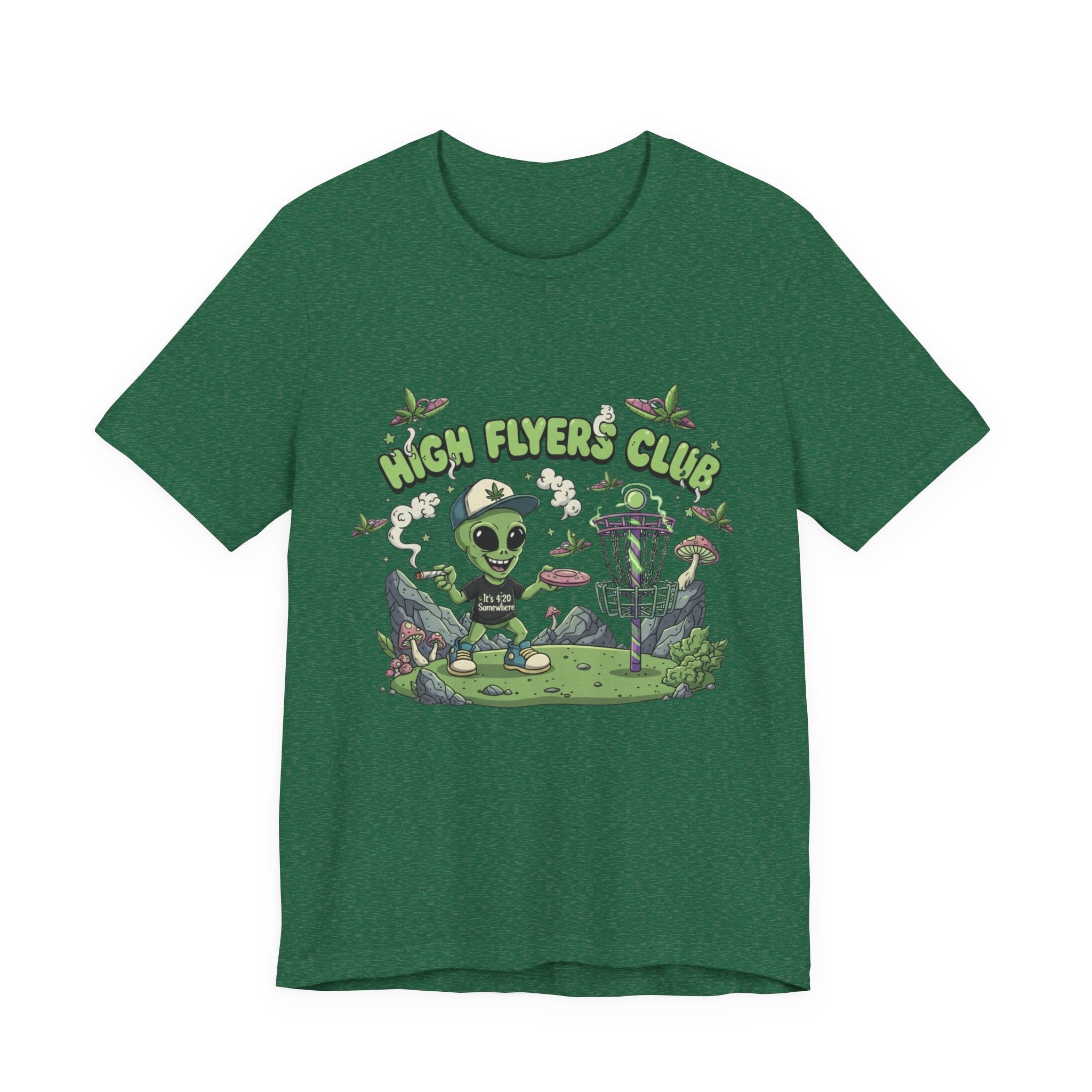 Stoner Alien High Flyers Disc Golf Tee, Funny Unique Space Tee, Cool Graphic Tee for Disc Golf Lovers, Gift for Sport Enthusiasts, Unique