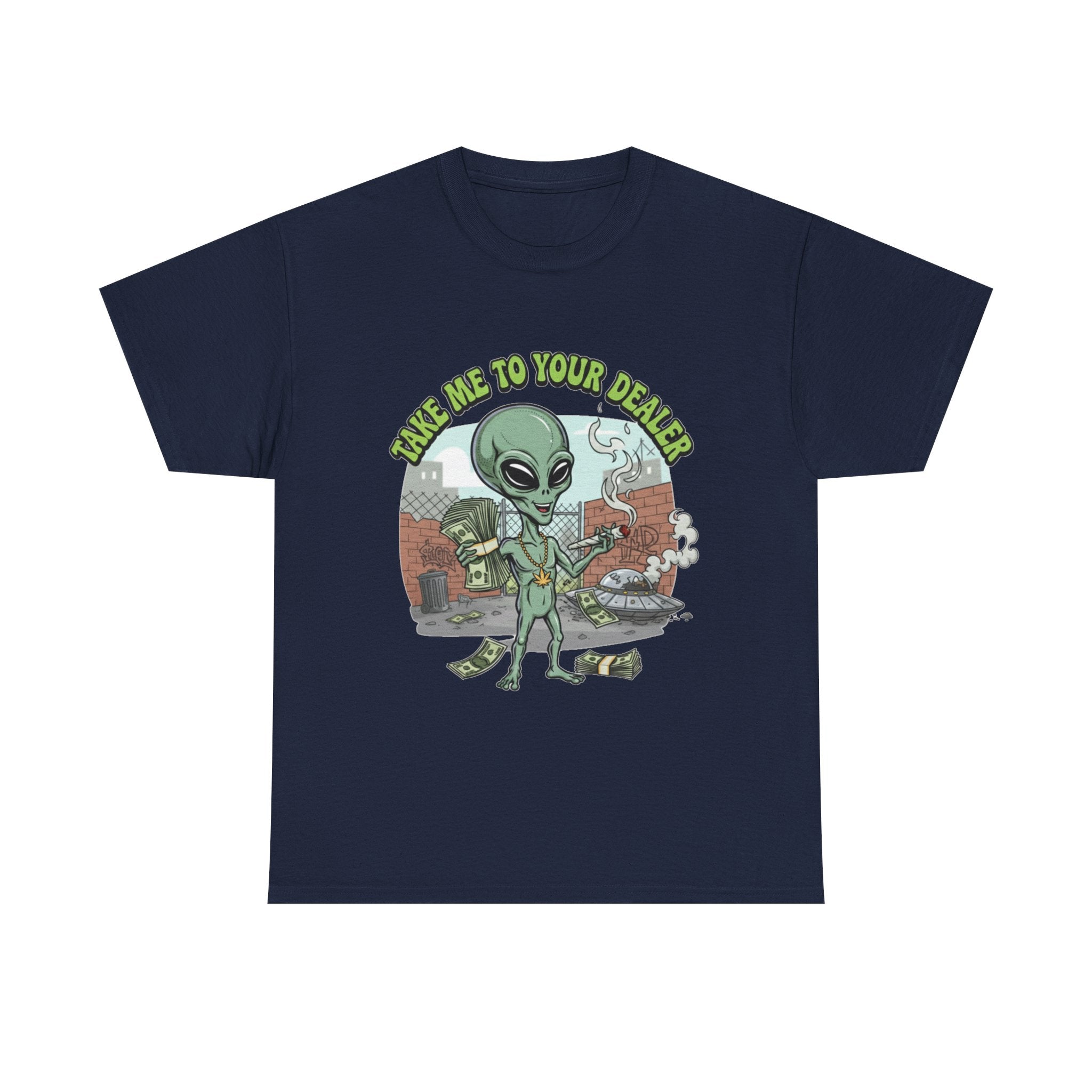 Take Me to Your Dealer Retro UFO Graphic Tee — Funny 420 Alien Cannabis T-Shirt