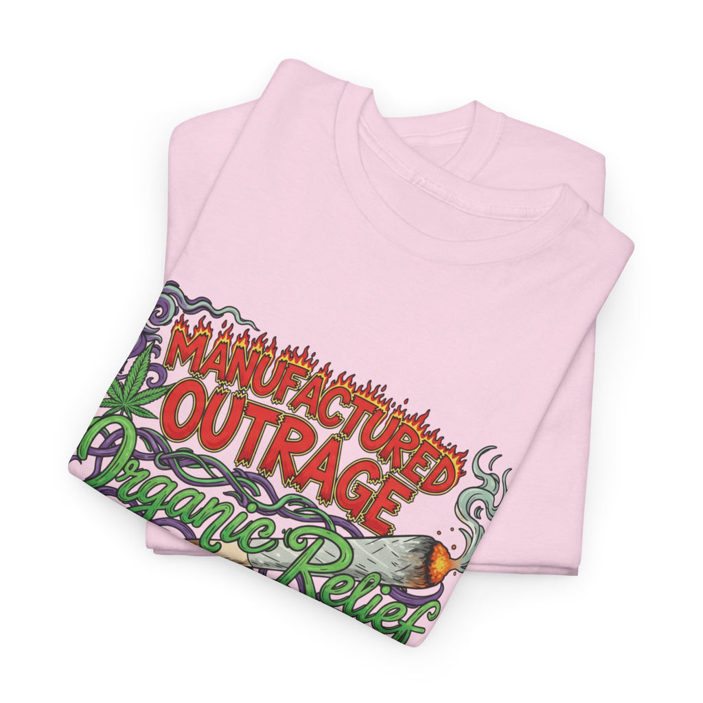 Manufactured Outrage Organic Relief T‑Shirt — Psychedelic Stoner Script Graphic Tee