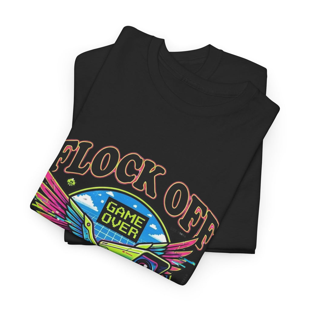 Retro 'Flock Off' Gaming Tee — Colorful Bird Game Over Graphic