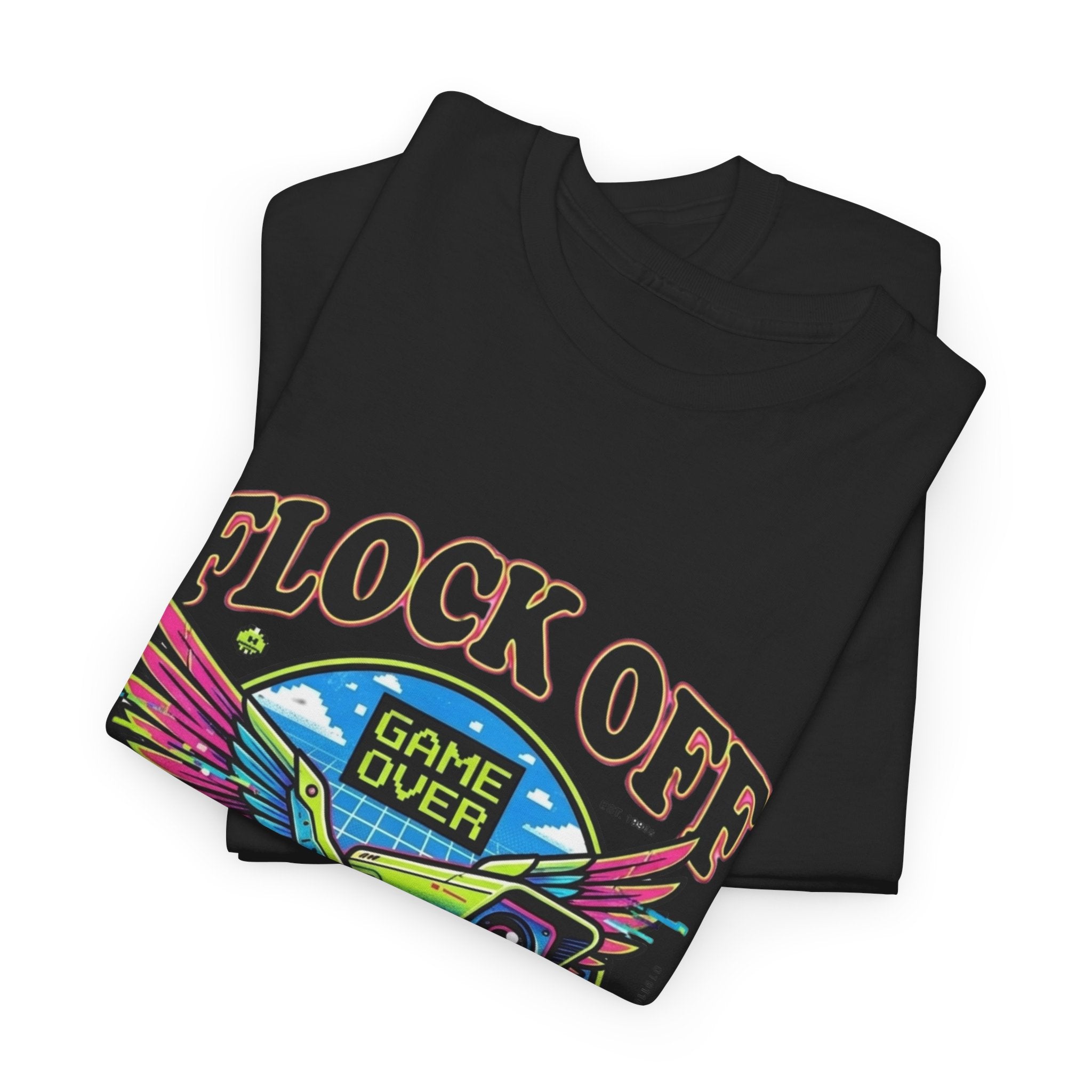 Retro 'Flock Off' Gaming Tee — Colorful Bird Game Over Graphic