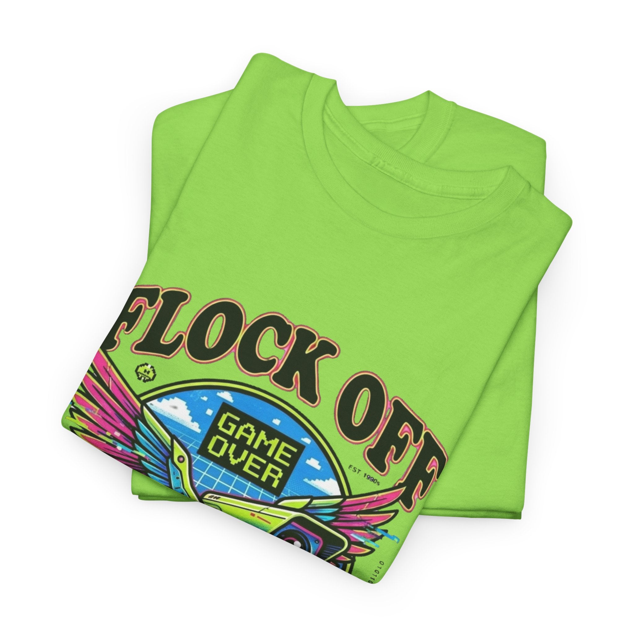 Retro 'Flock Off' Gaming Tee — Colorful Bird Game Over Graphic