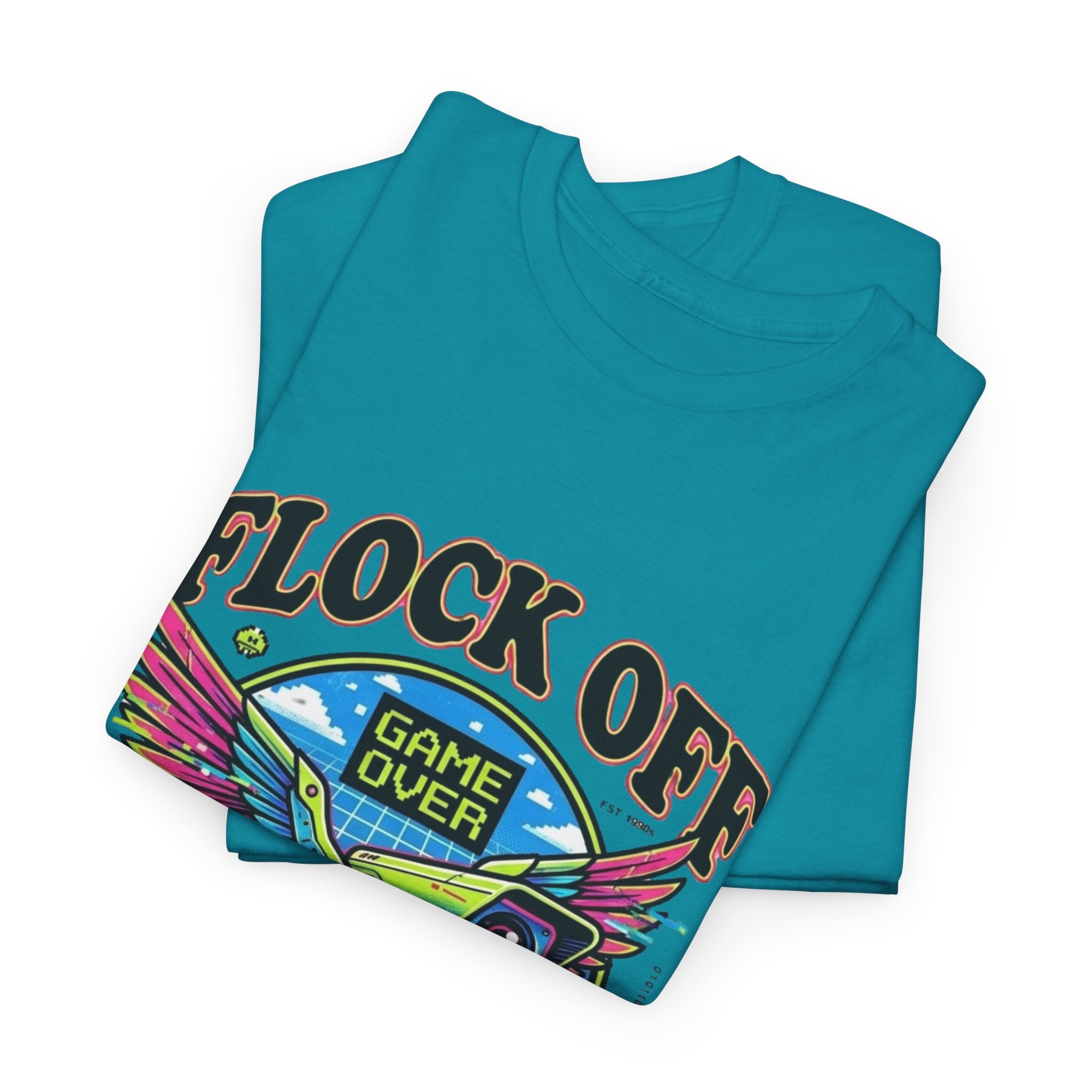 Retro 'Flock Off' Gaming Tee — Colorful Bird Game Over Graphic