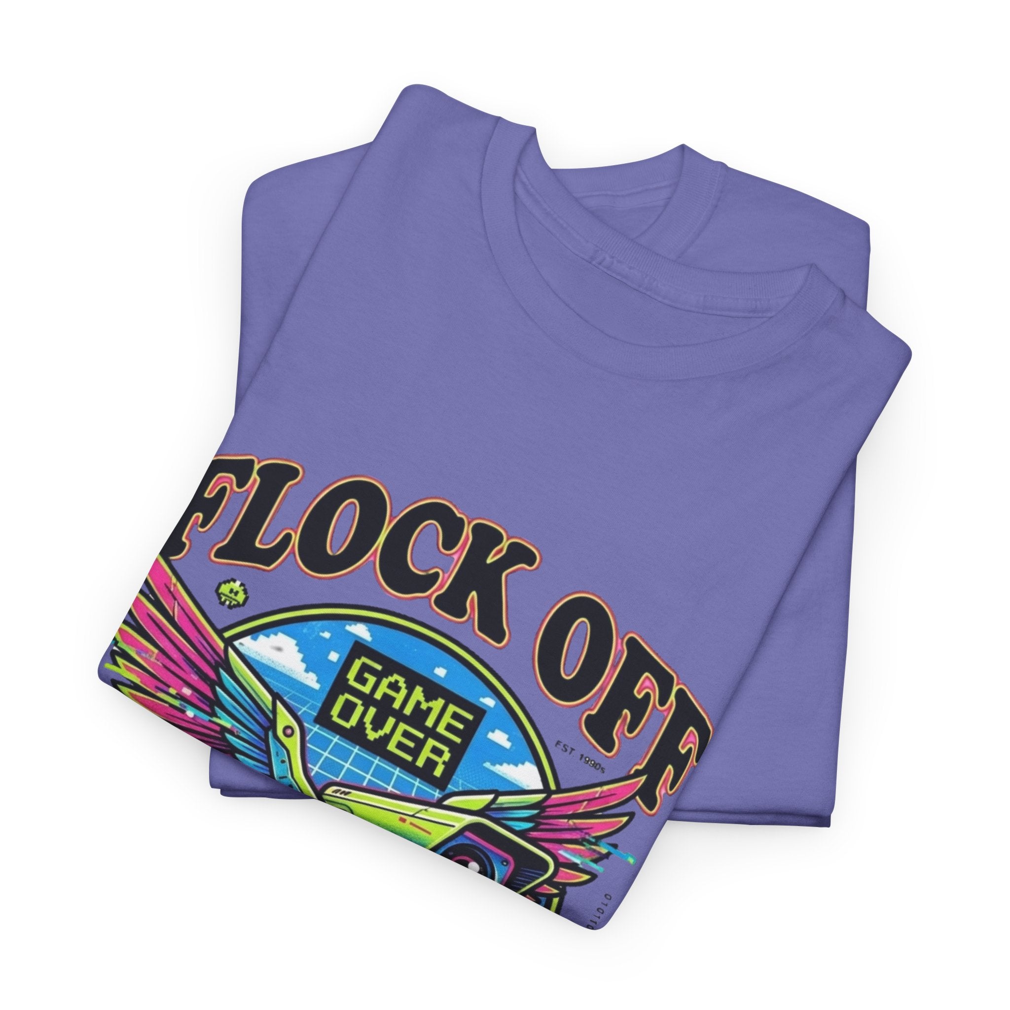Retro 'Flock Off' Gaming Tee — Colorful Bird Game Over Graphic