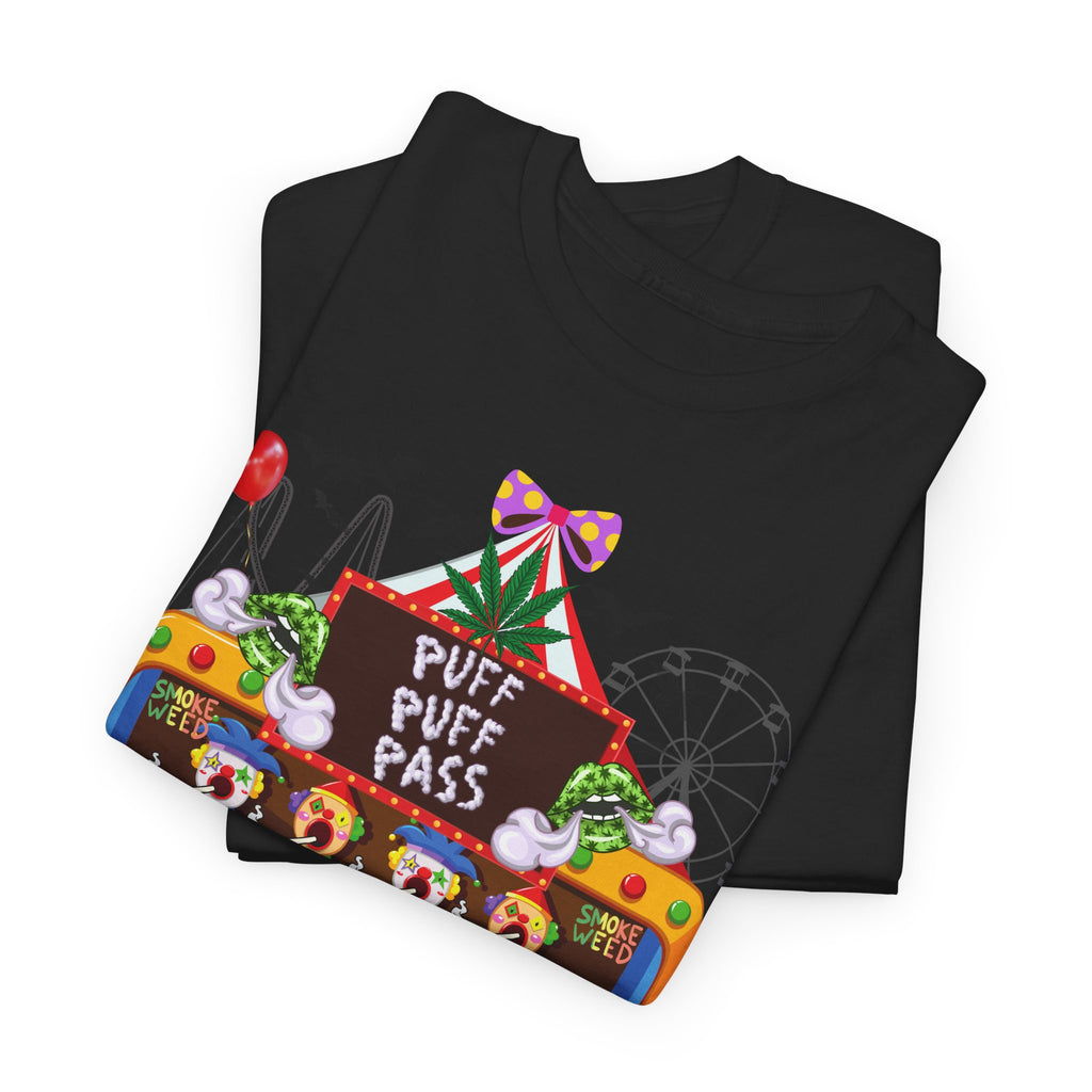 Puff Puff Pass -Colorful Clown Graphic Stoner Tee, Fun Festival T-Shirt, Carnival Top, Playful Party Apparel