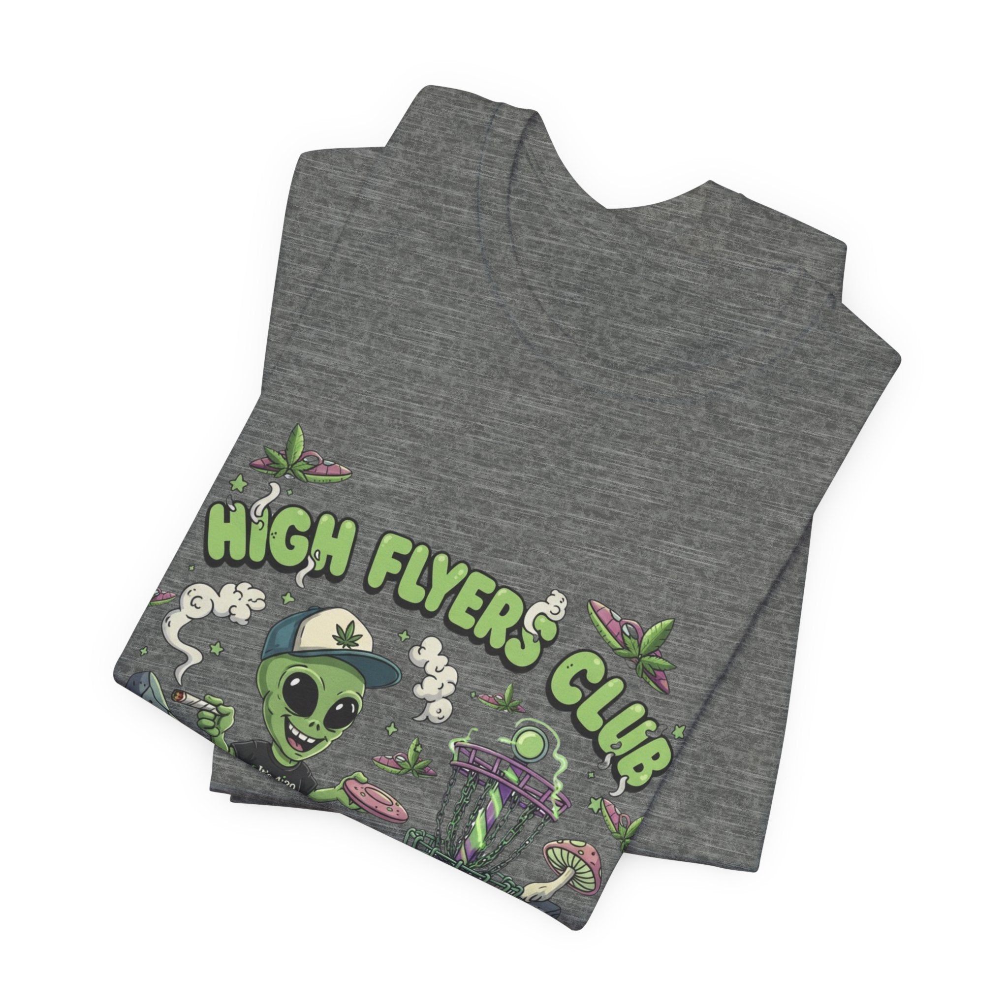Stoner Alien High Flyers Disc Golf Tee, Funny Unique Space Tee, Cool Graphic Tee for Disc Golf Lovers, Gift for Sport Enthusiasts, Unique