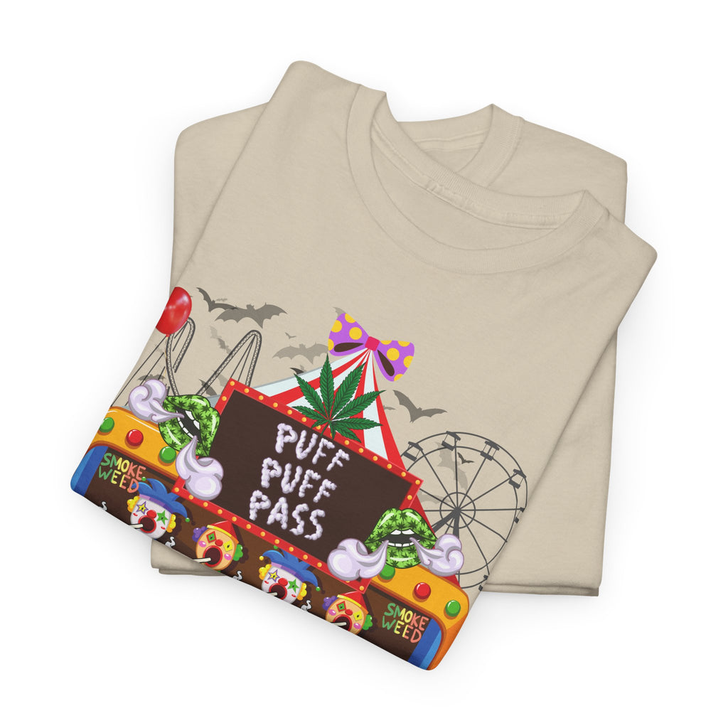 Puff Puff Pass -Colorful Clown Graphic Stoner Tee, Fun Festival T-Shirt, Carnival Top, Playful Party Apparel