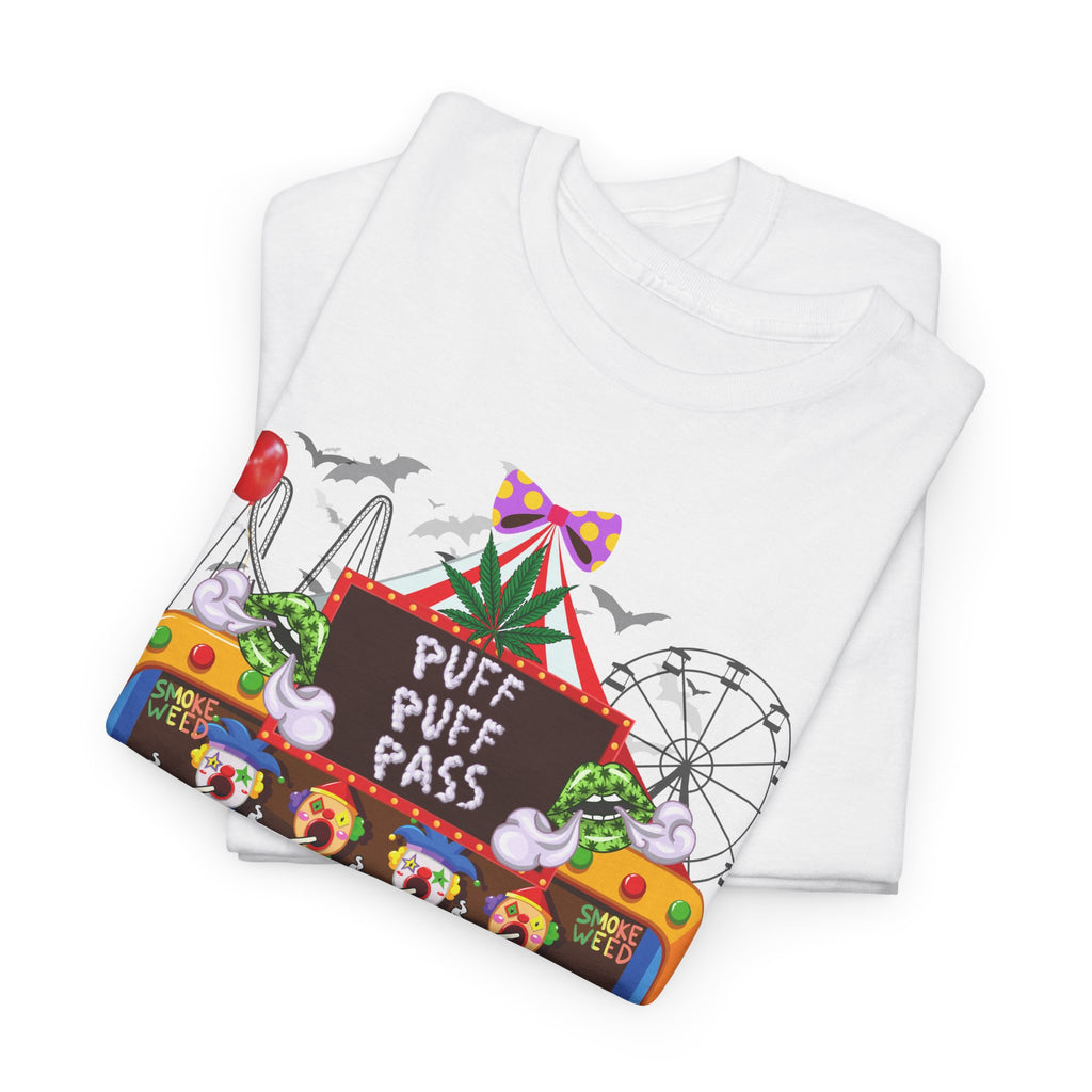 Puff Puff Pass -Colorful Clown Graphic Stoner Tee, Fun Festival T-Shirt, Carnival Top, Playful Party Apparel